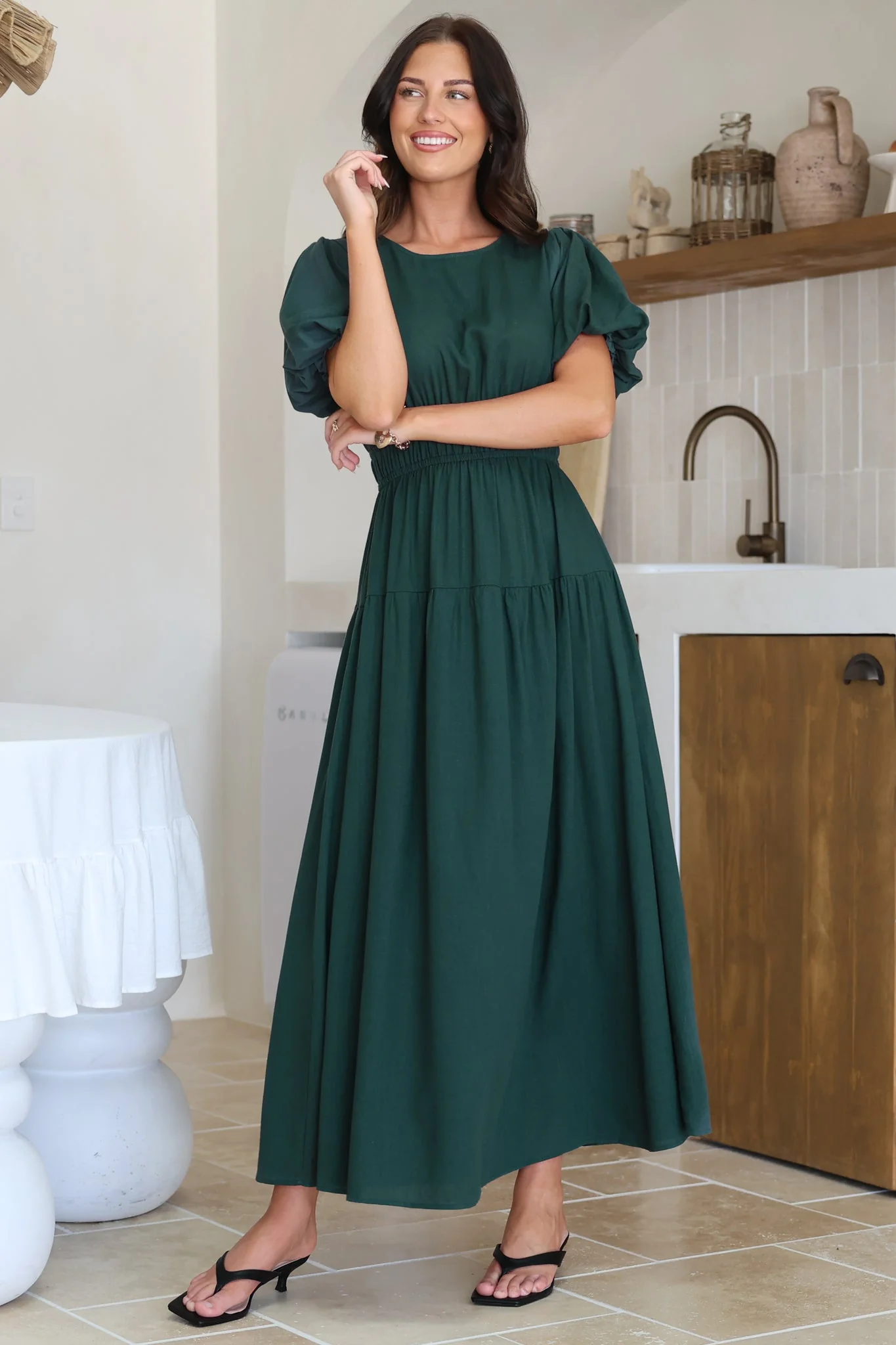 Maeana Maxi Dress - Short Balloon Sleeeve Elasticated Waist A Line Dress in Emerald - Image 5