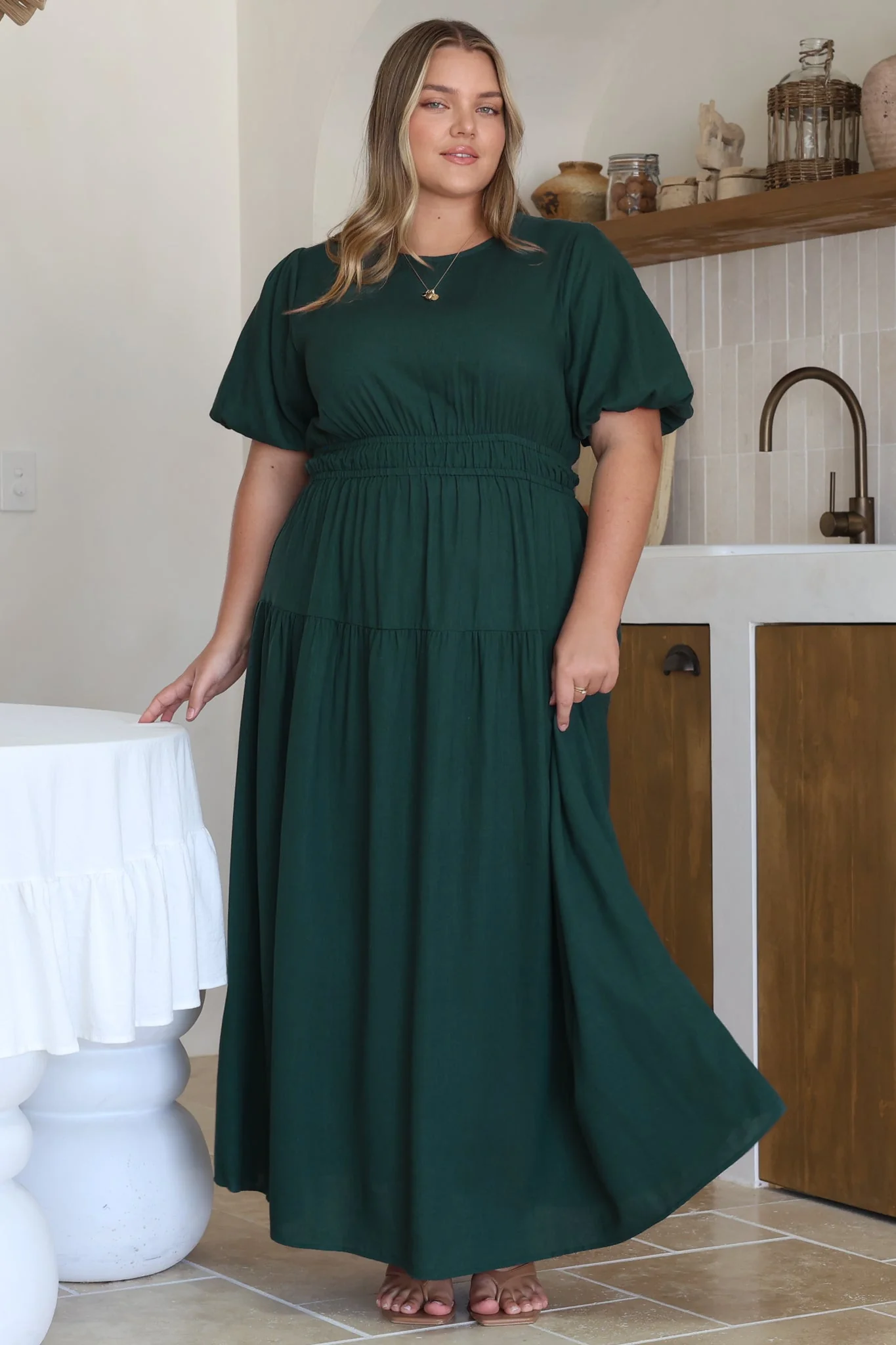 Maeana Maxi Dress - Short Balloon Sleeeve Elasticated Waist A Line Dress in Emerald - Image 6