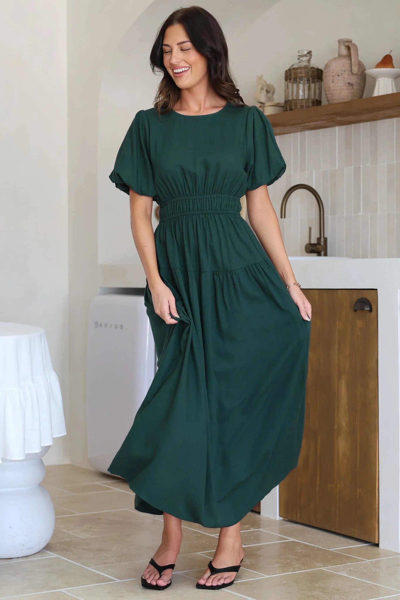 Maeana Maxi Dress - Short Balloon Sleeeve Elasticated Waist A Line Dress in Emerald - Image 7