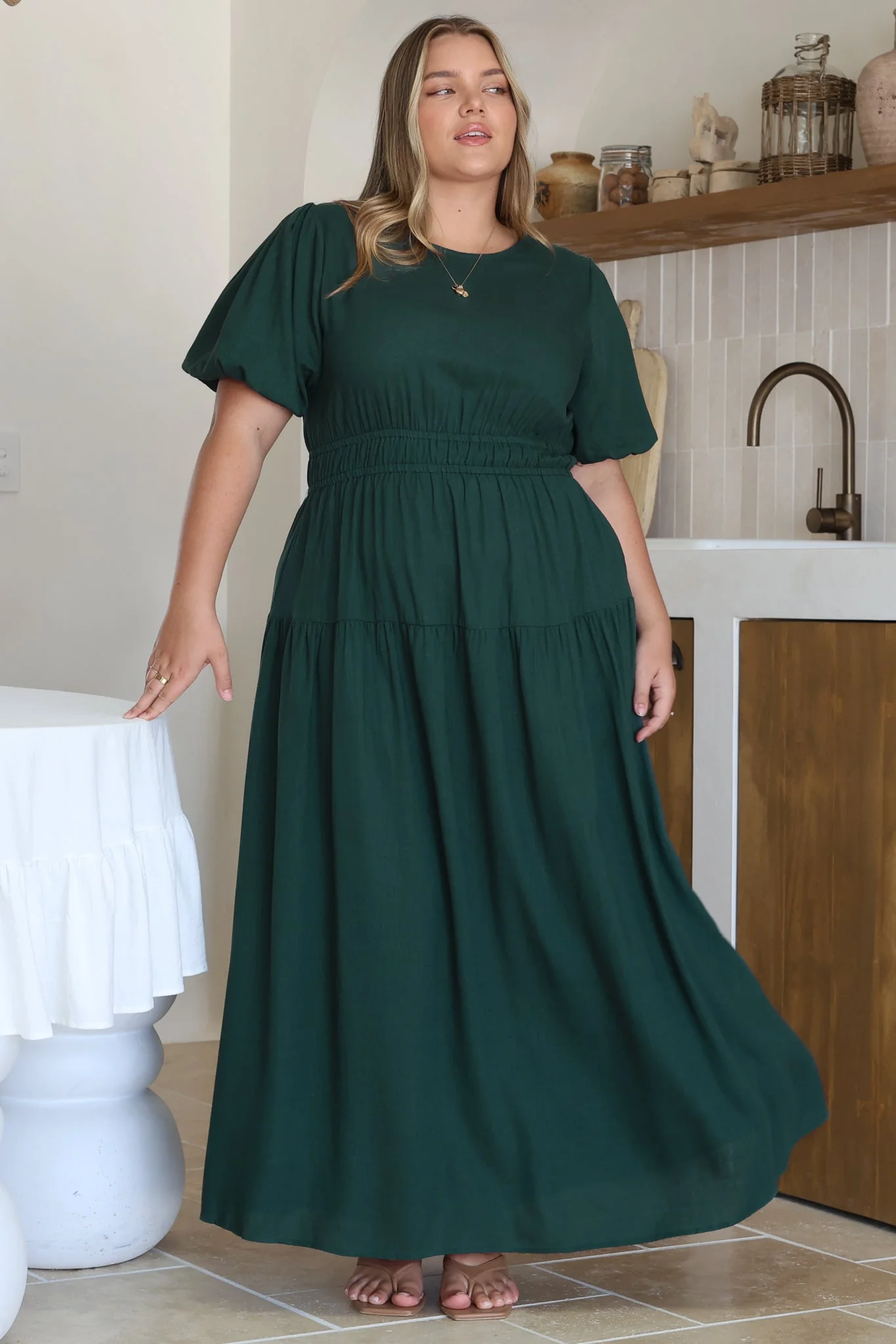 Maeana Maxi Dress - Short Balloon Sleeeve Elasticated Waist A Line Dress in Emerald - Image 8