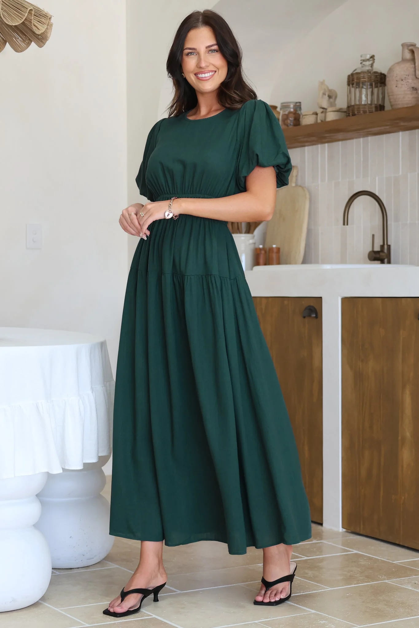 Maeana Maxi Dress - Short Balloon Sleeeve Elasticated Waist A Line Dress in Emerald - Image 9