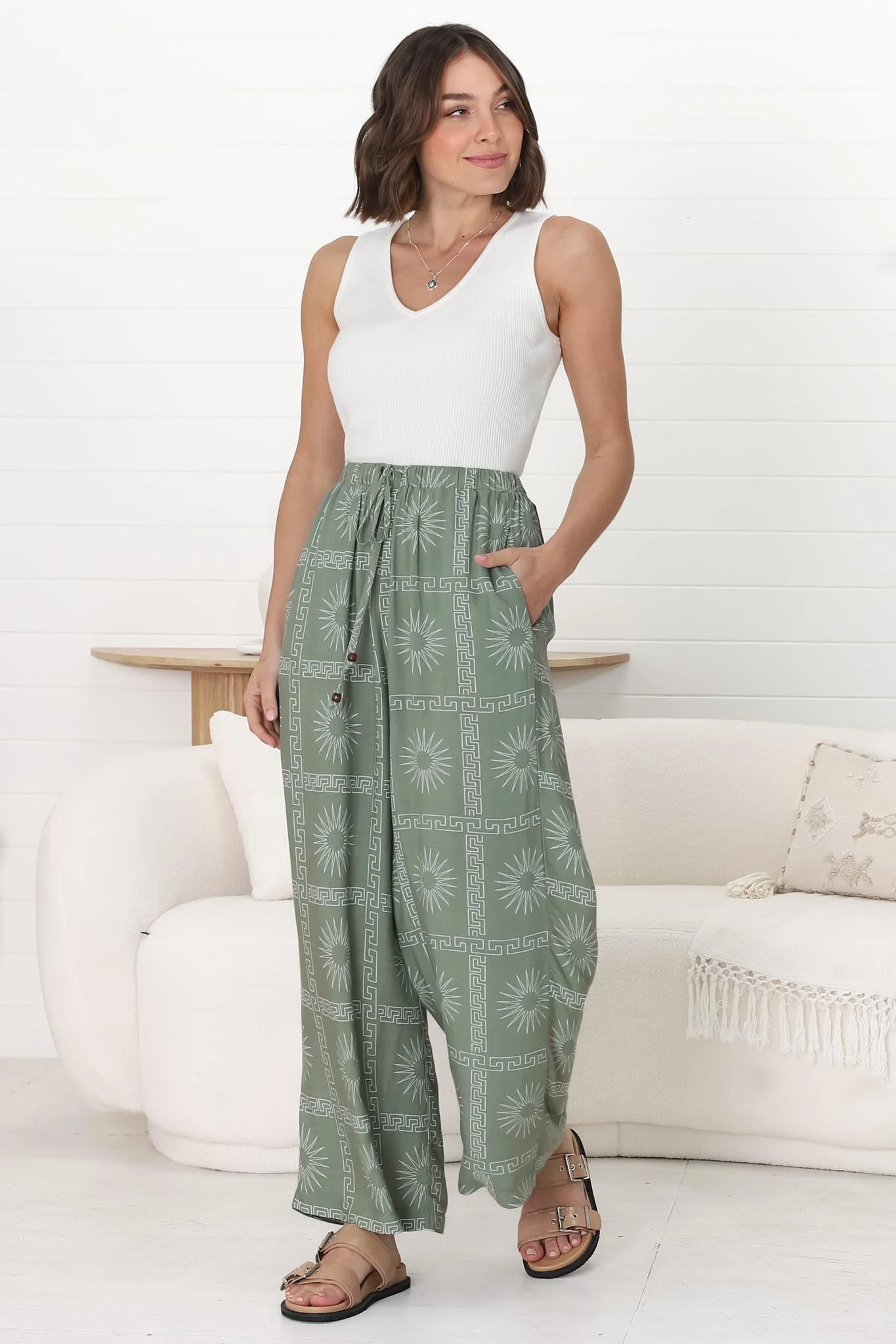 Mahina Pants - High Waisted Straight Leg Pants Astra Print in Green - Image 10