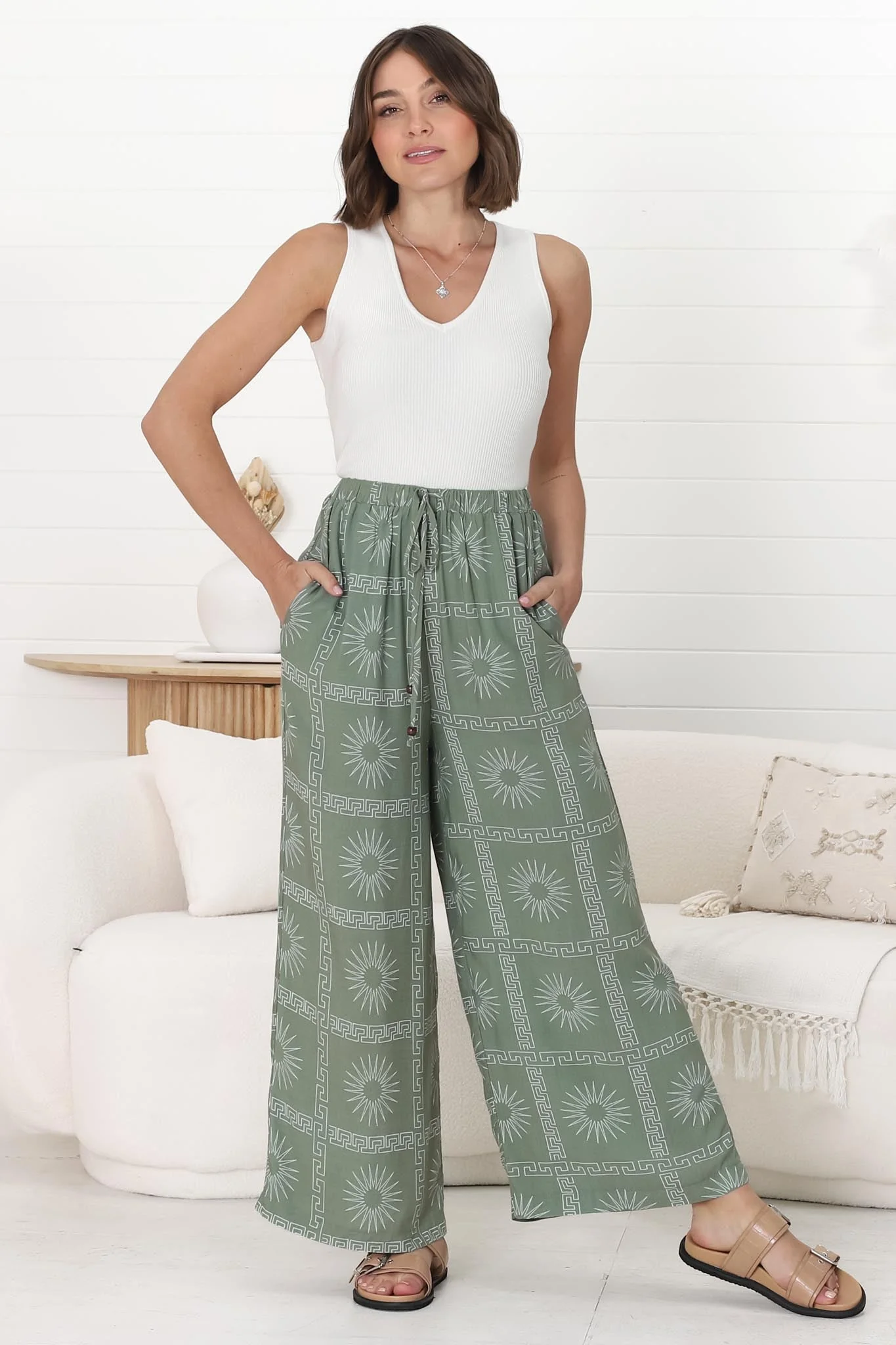 Mahina Pants - High Waisted Straight Leg Pants Astra Print in Green - Image 11