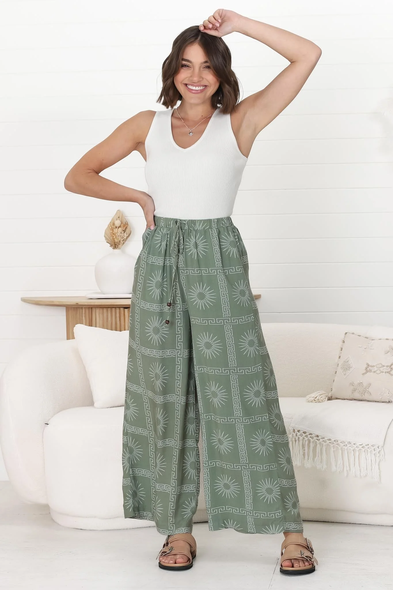Mahina Pants - High Waisted Straight Leg Pants Astra Print in Green - Image 13