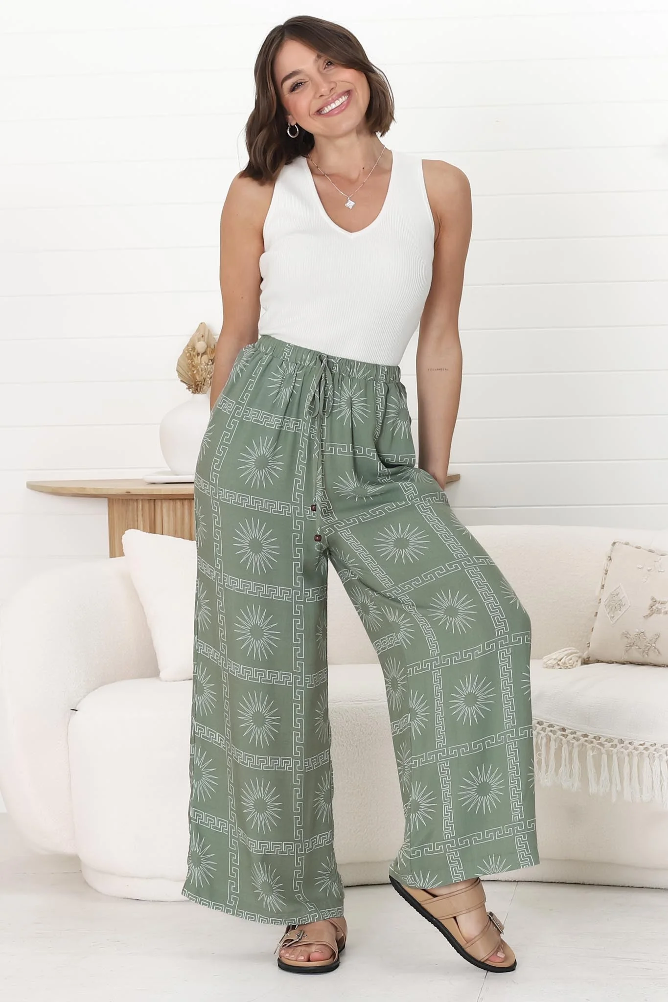 Mahina Pants - High Waisted Straight Leg Pants Astra Print in Green - Image 14