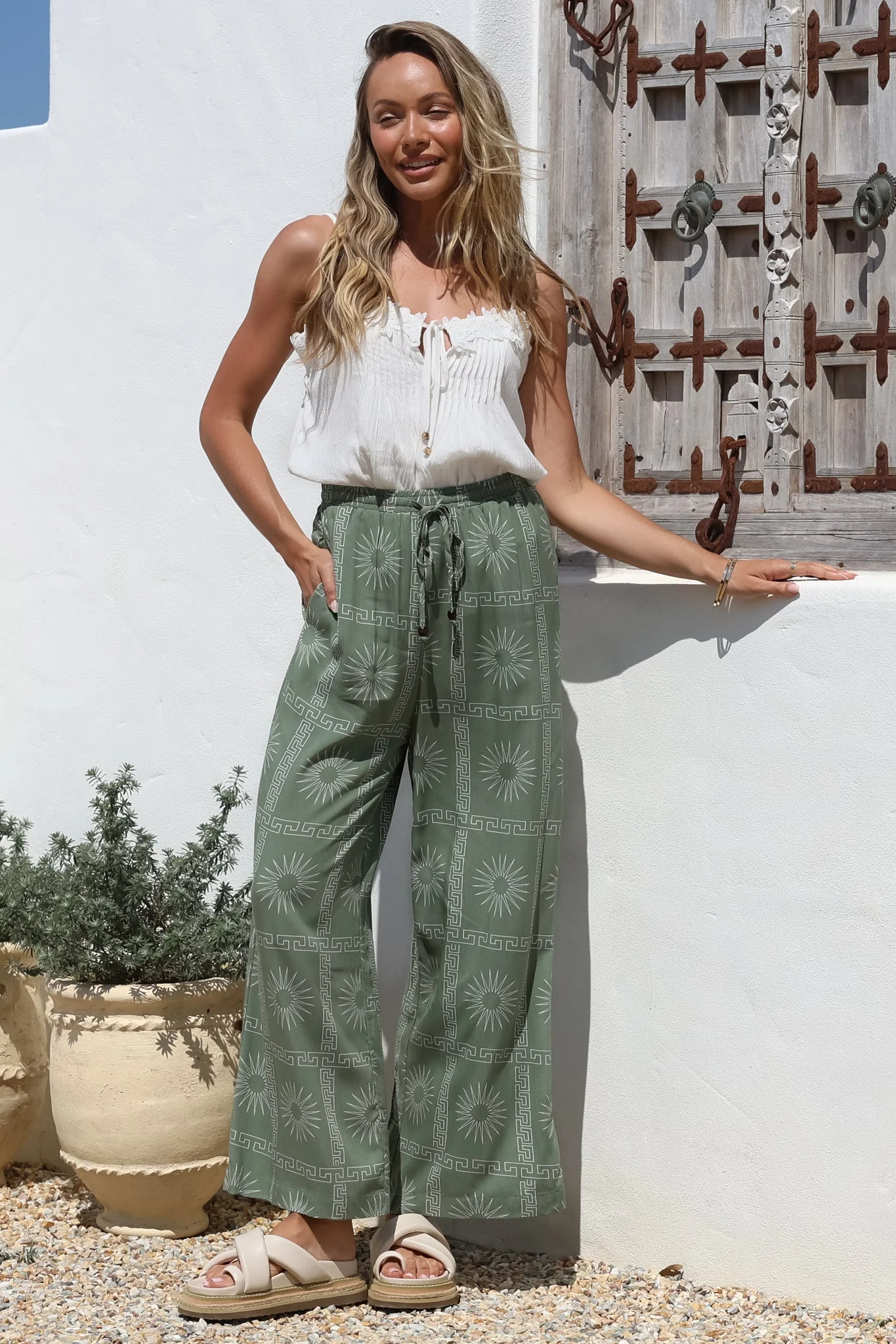 Mahina Pants - High Waisted Straight Leg Pants Astra Print in Green - Image 3
