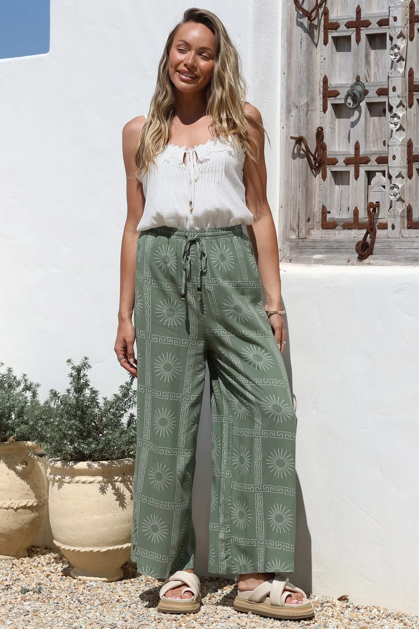Mahina Pants - High Waisted Straight Leg Pants Astra Print in Green - Image 4