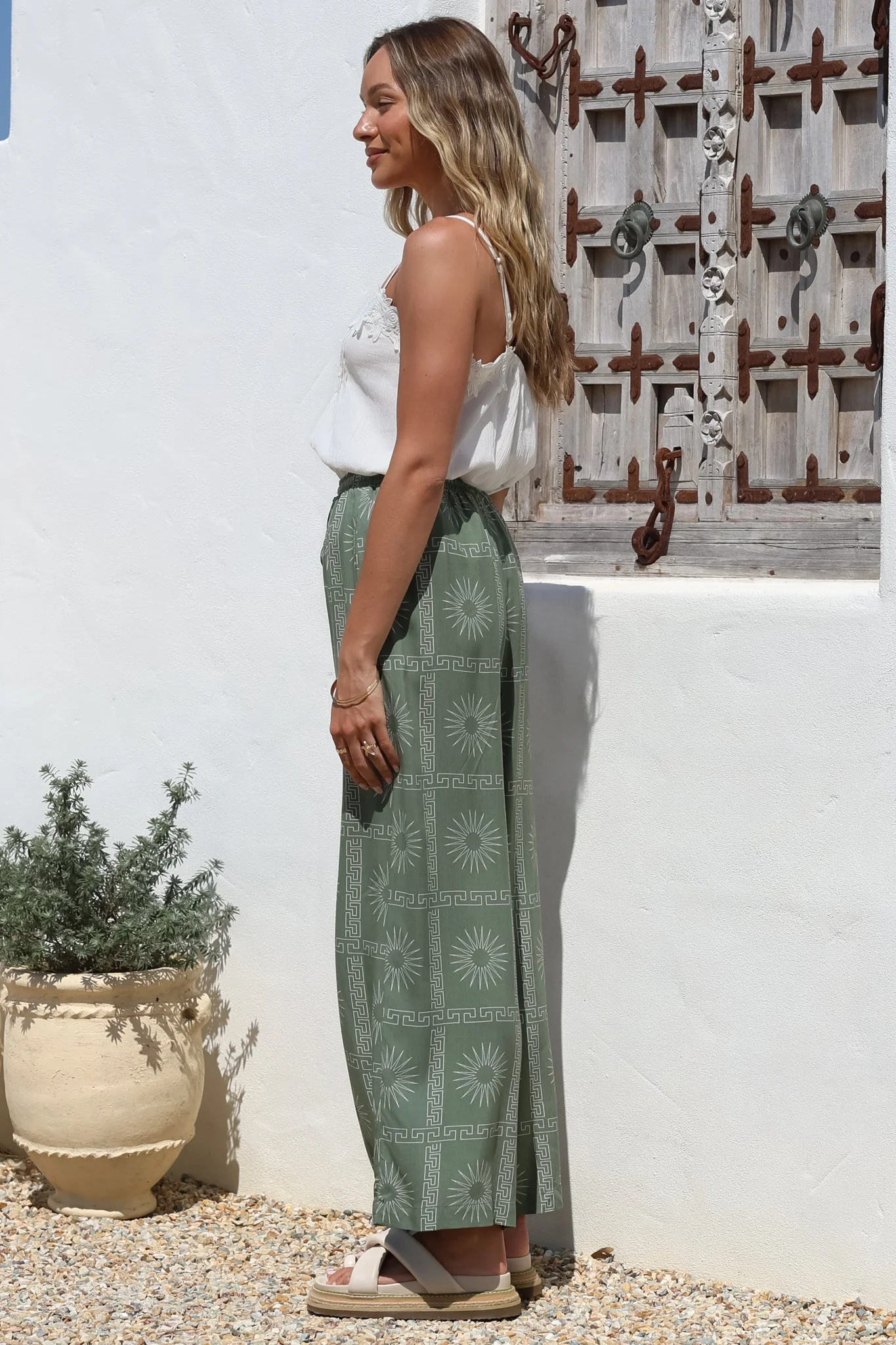 Mahina Pants - High Waisted Straight Leg Pants Astra Print in Green - Image 5