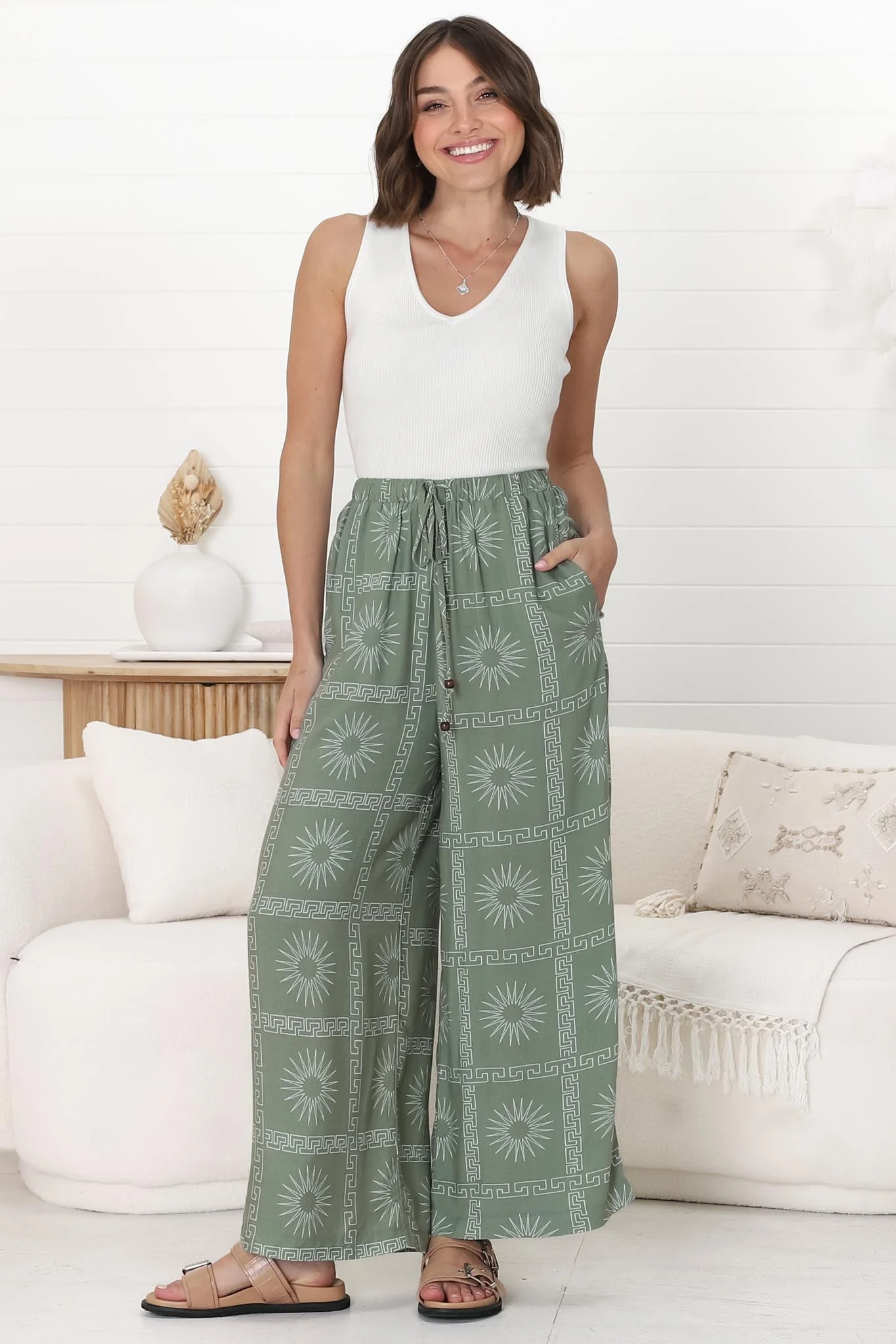 Mahina Pants - High Waisted Straight Leg Pants Astra Print in Green - Image 7