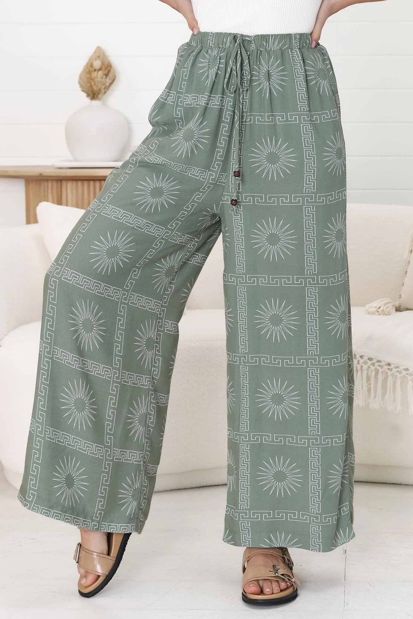 Mahina Pants - High Waisted Straight Leg Pants Astra Print in Green - Image 8