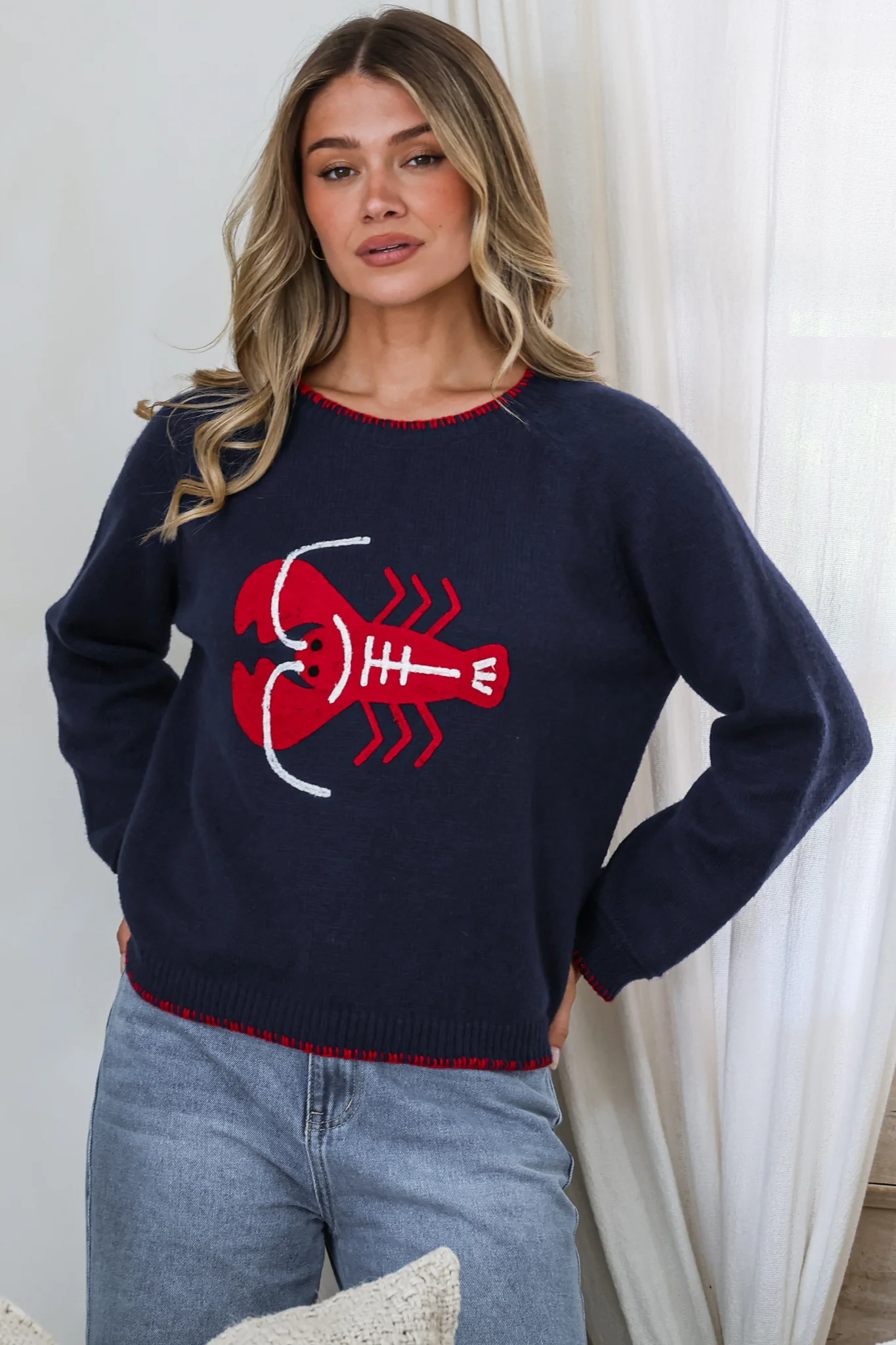 Maine Jumper - Contrast Stitch Crew Neck Knit with Embroidered Lobster Motif in Navy - Image 3