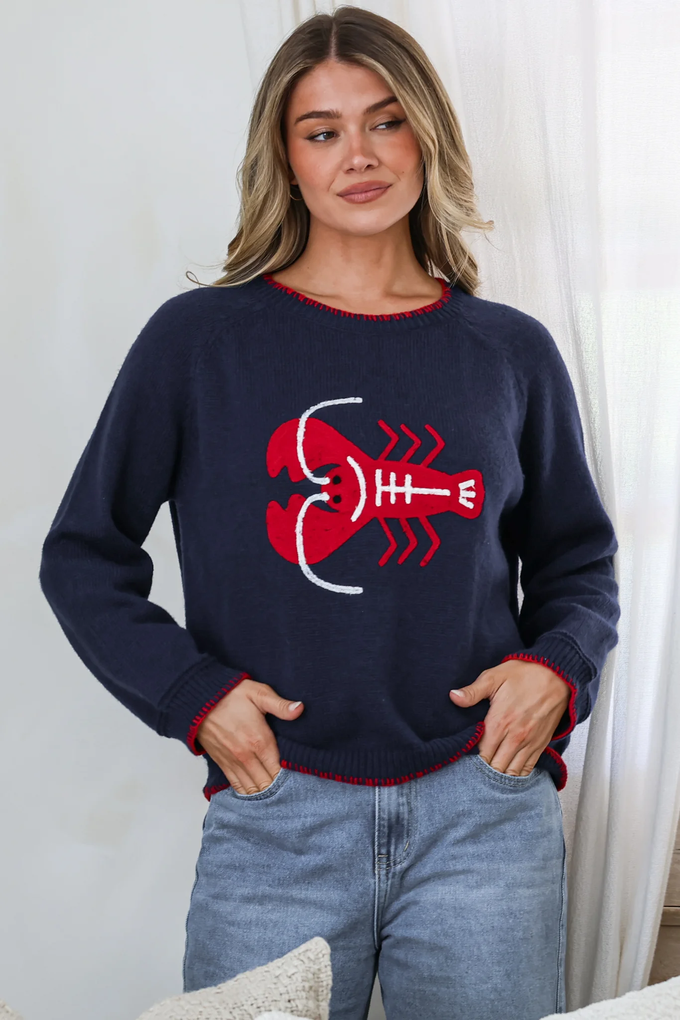 Maine Jumper - Contrast Stitch Crew Neck Knit with Embroidered Lobster Motif in Navy - Image 5