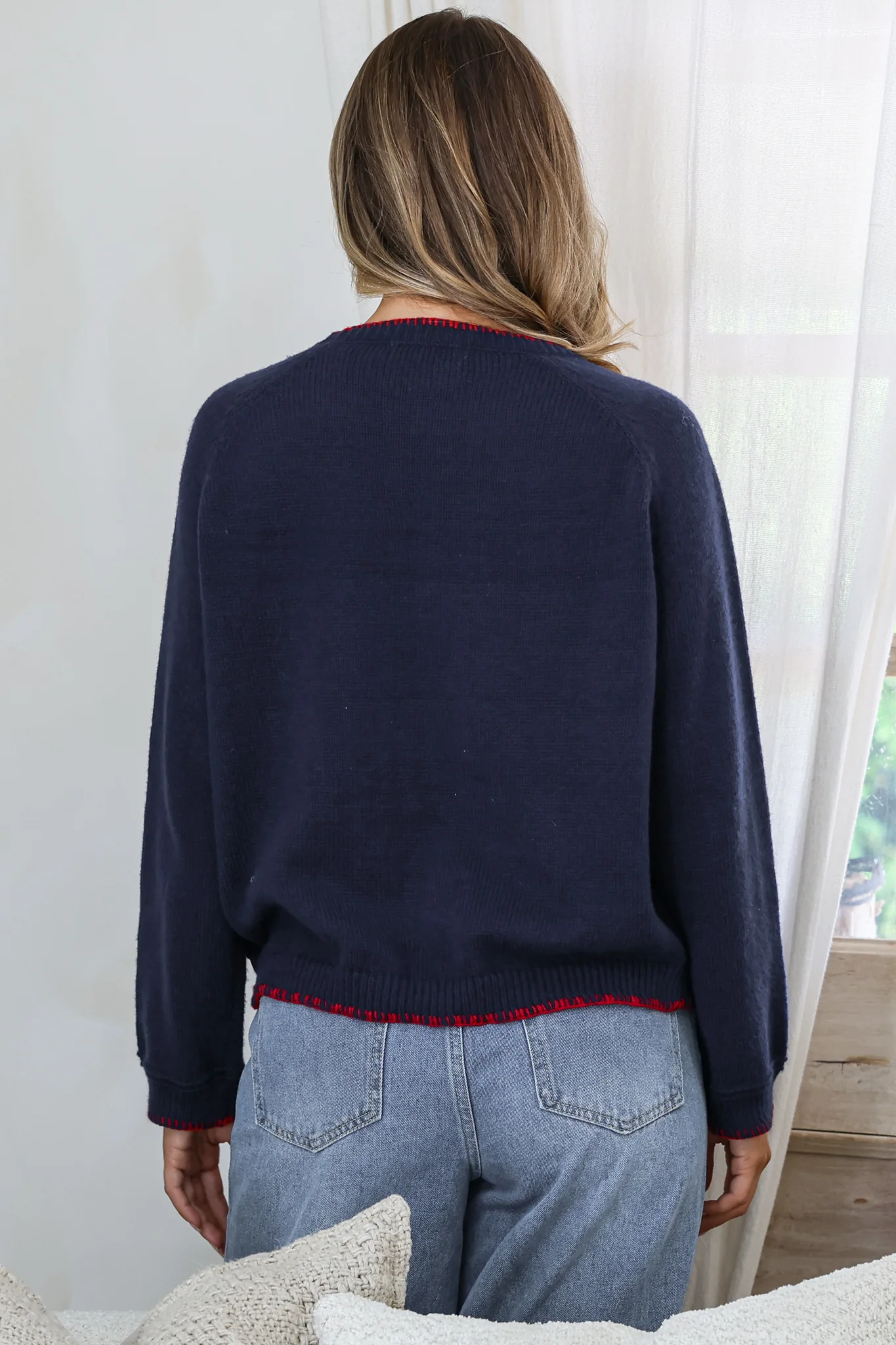 Maine Jumper - Contrast Stitch Crew Neck Knit with Embroidered Lobster Motif in Navy - Image 7