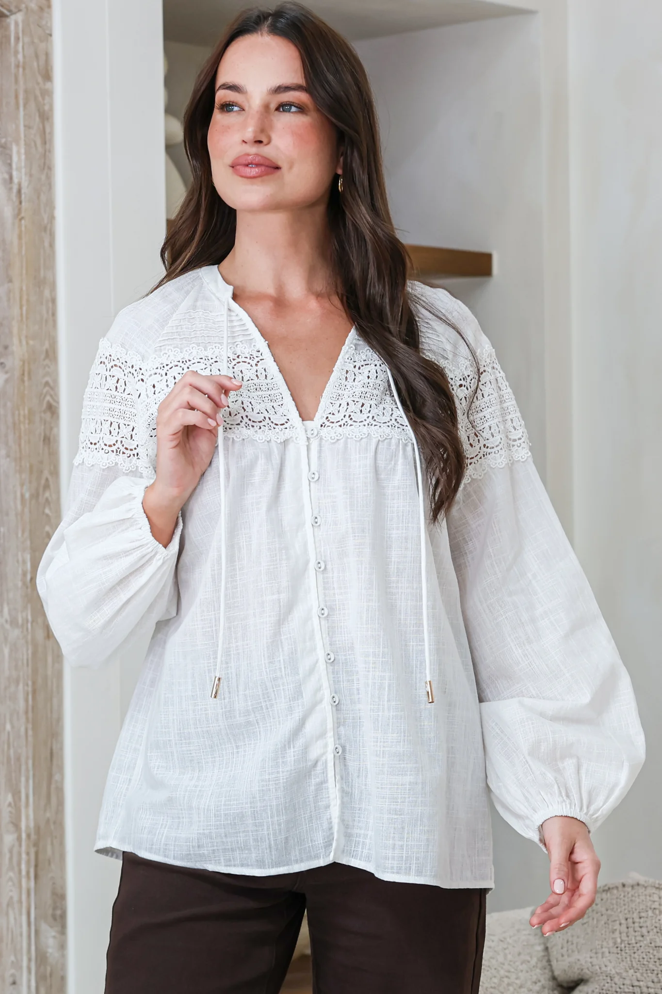 Maldon Blouse - Lace Yoke Neckline Button Down with Neck Tie and Long Sleeves in White - Image 2