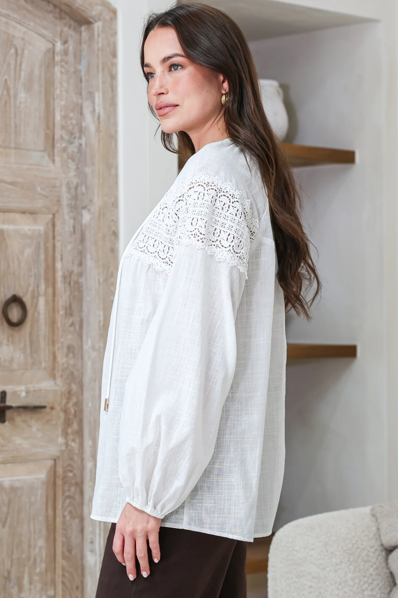 Maldon Blouse - Lace Yoke Neckline Button Down with Neck Tie and Long Sleeves in White - Image 7
