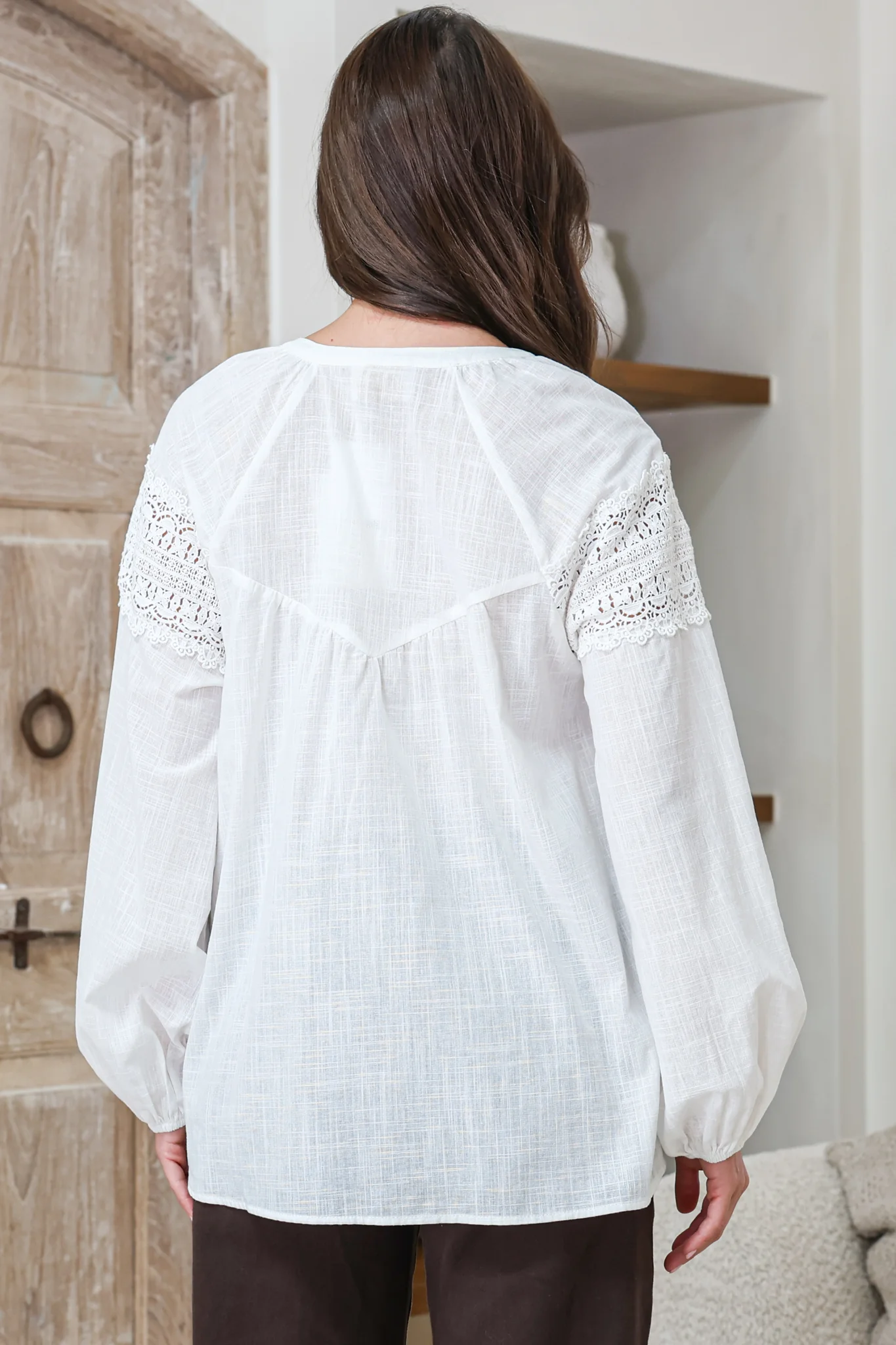 Maldon Blouse - Lace Yoke Neckline Button Down with Neck Tie and Long Sleeves in White - Image 8