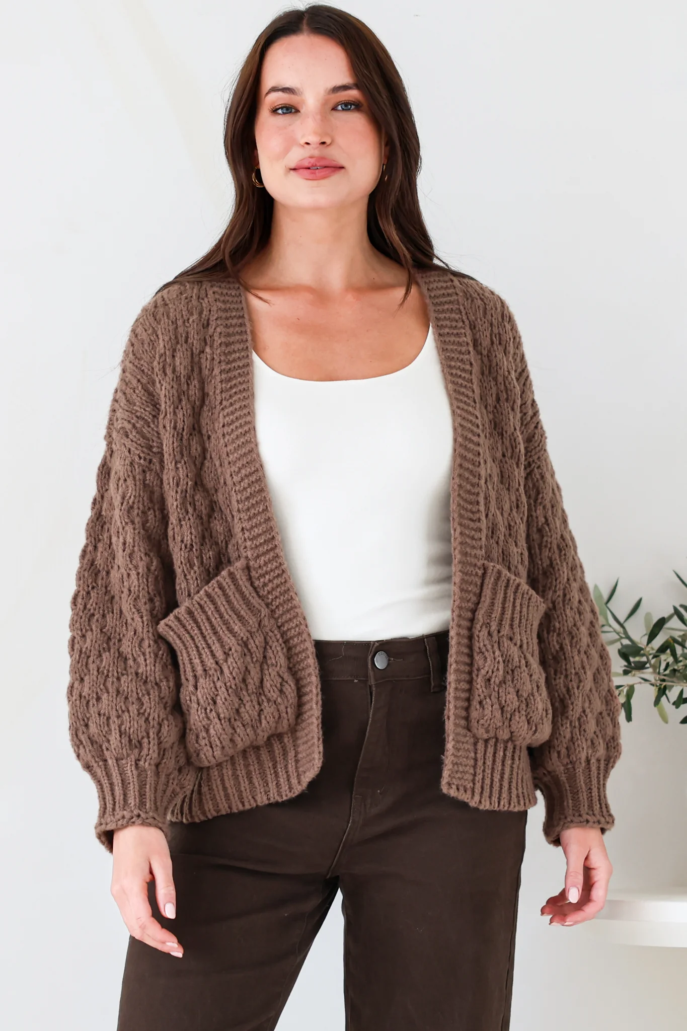 Manny Cardigan - Chunky Open Cropped Cable Knit with Rib Knit Trims and Pockets in Coffee - Image 2