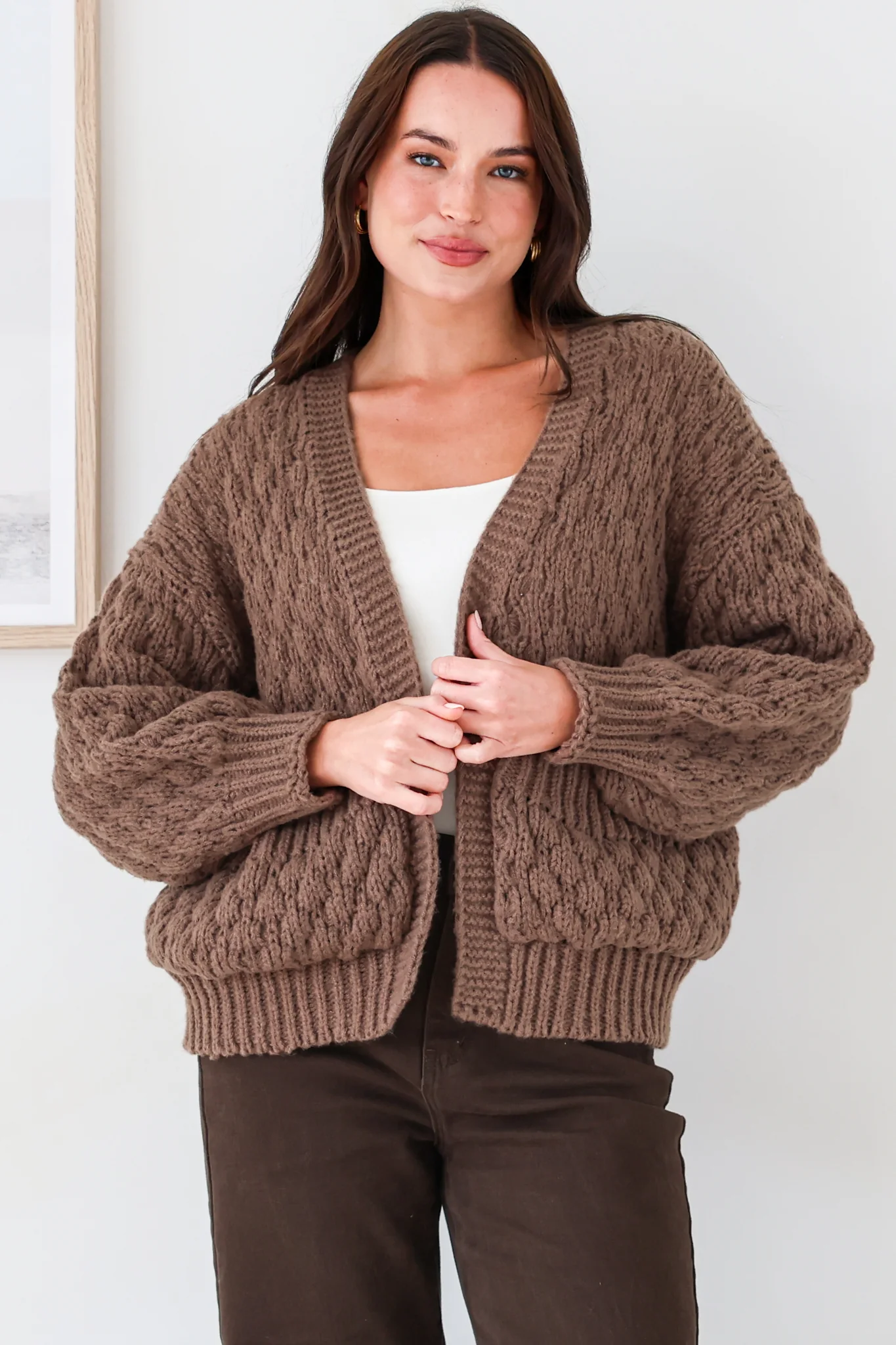 Manny Cardigan - Chunky Open Cropped Cable Knit with Rib Knit Trims and Pockets in Coffee - Image 3