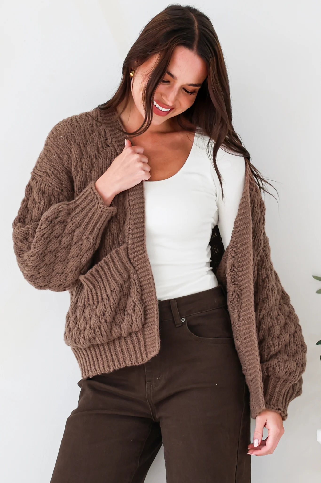 Manny Cardigan - Chunky Open Cropped Cable Knit with Rib Knit Trims and Pockets in Coffee - Image 4