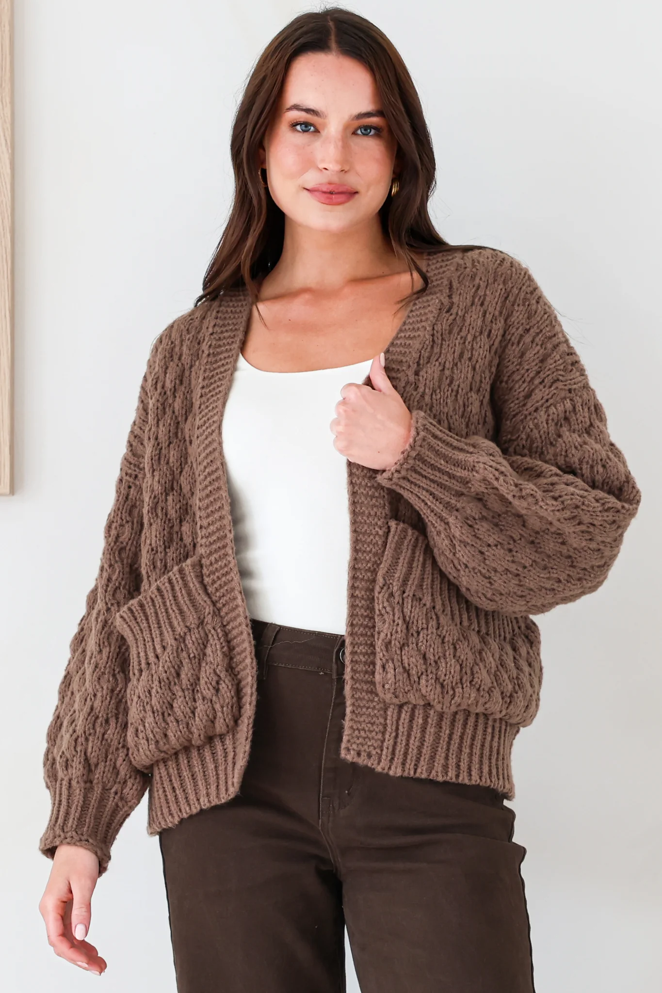 Manny Cardigan - Chunky Open Cropped Cable Knit with Rib Knit Trims and Pockets in Coffee - Image 5