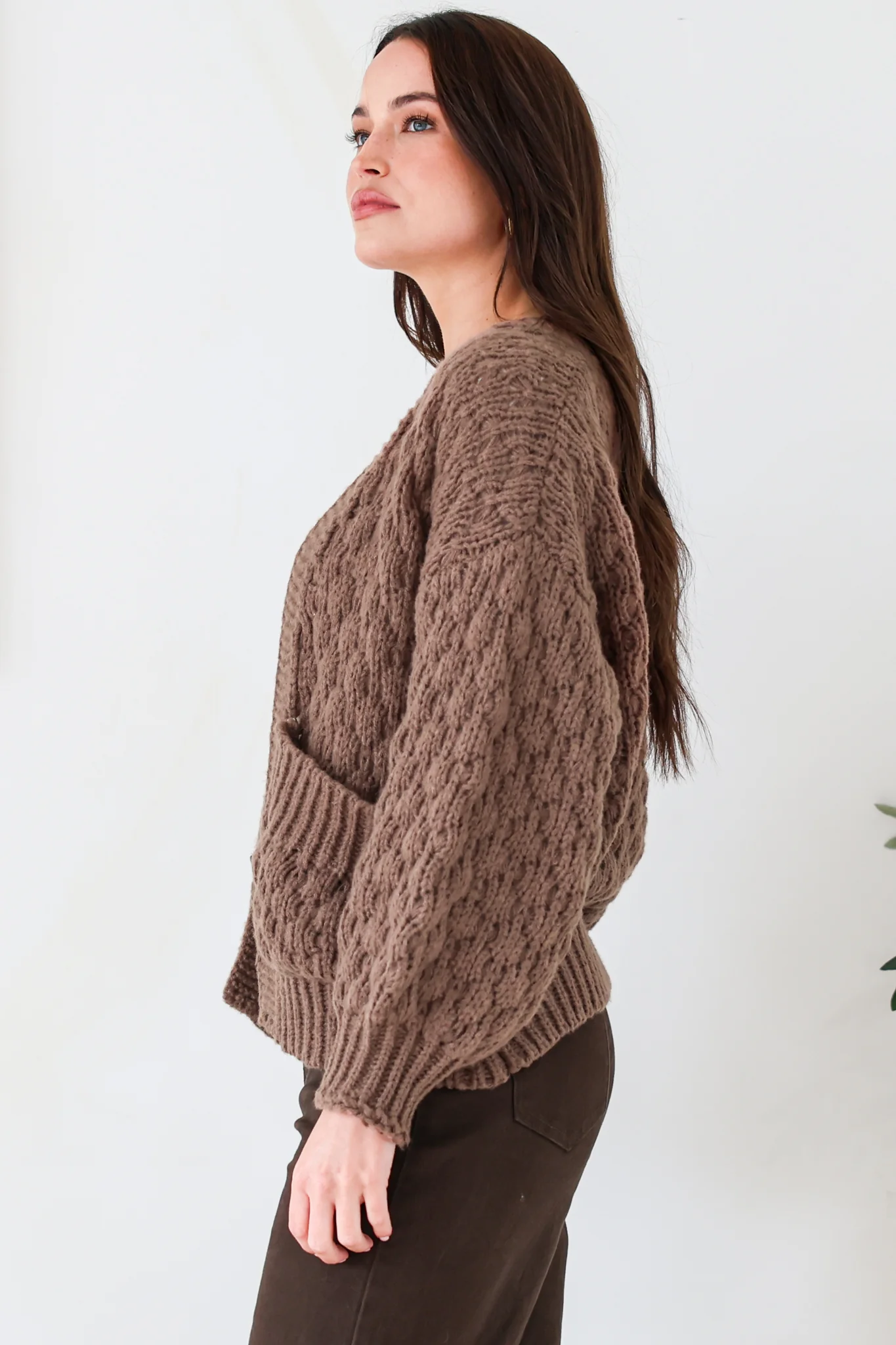 Manny Cardigan - Chunky Open Cropped Cable Knit with Rib Knit Trims and Pockets in Coffee - Image 6