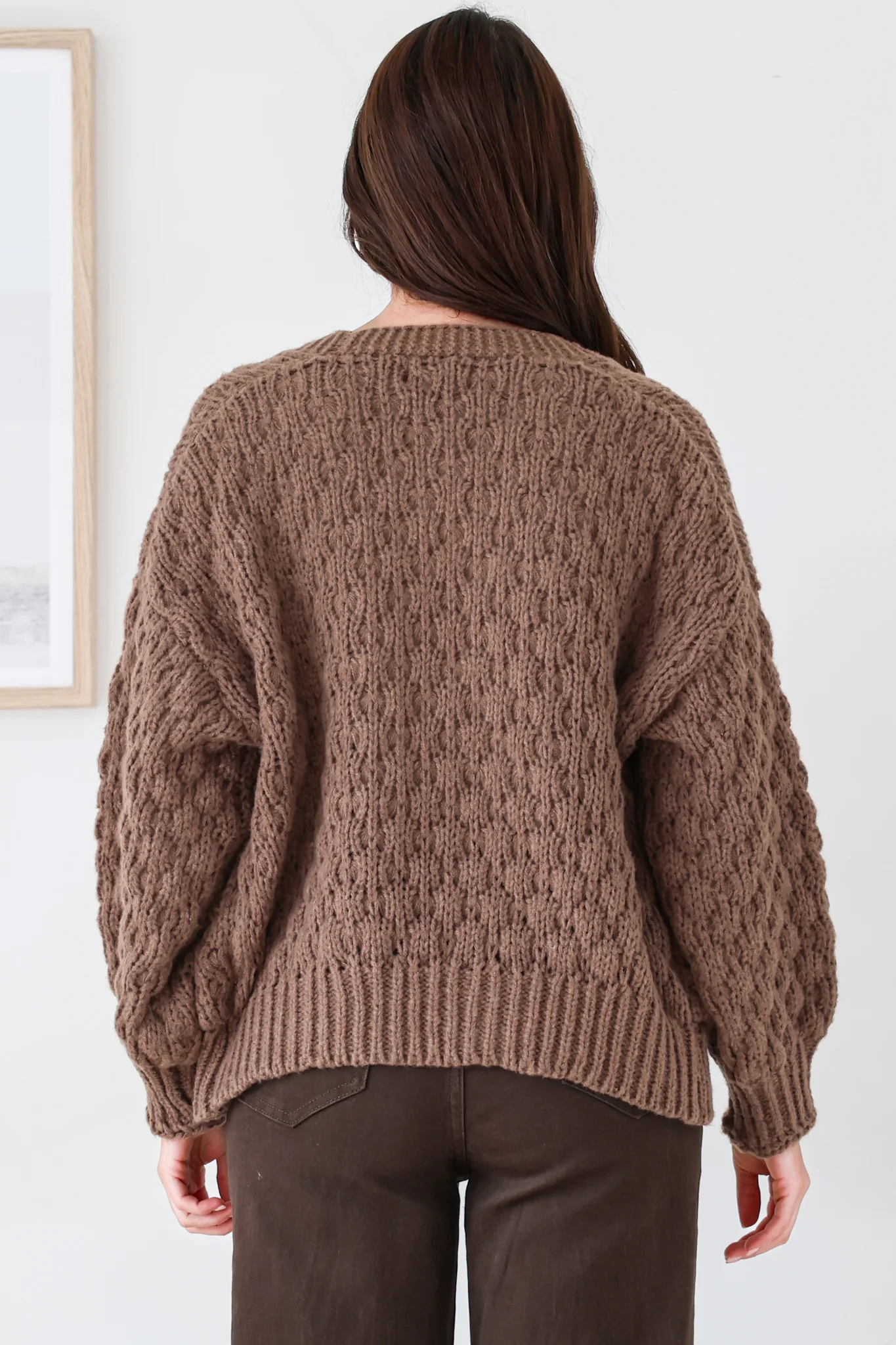 Manny Cardigan - Chunky Open Cropped Cable Knit with Rib Knit Trims and Pockets in Coffee - Image 7