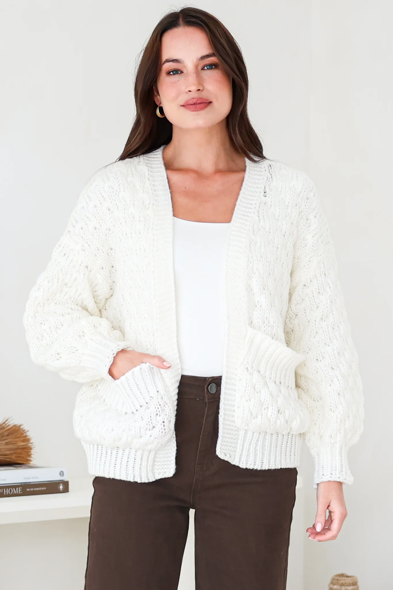 Manny Cardigan - Chunky Open Cropped Cable Knit with Rib Knit Trims and Pockets in Cream
