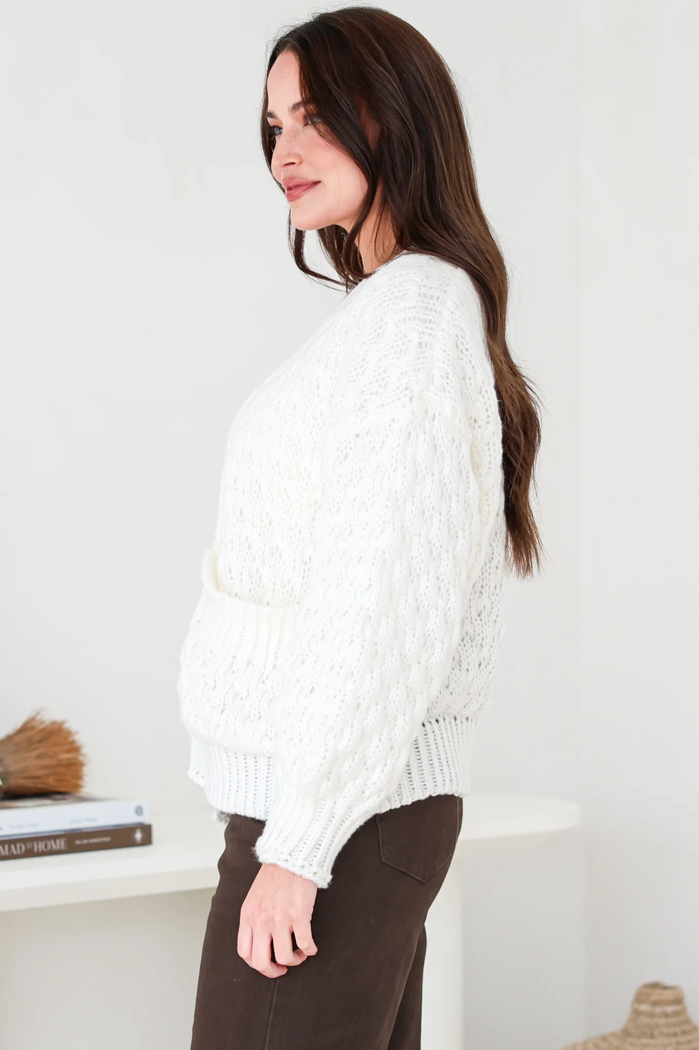 Manny Cardigan - Chunky Open Cropped Cable Knit with Rib Knit Trims and Pockets in Cream - Image 6