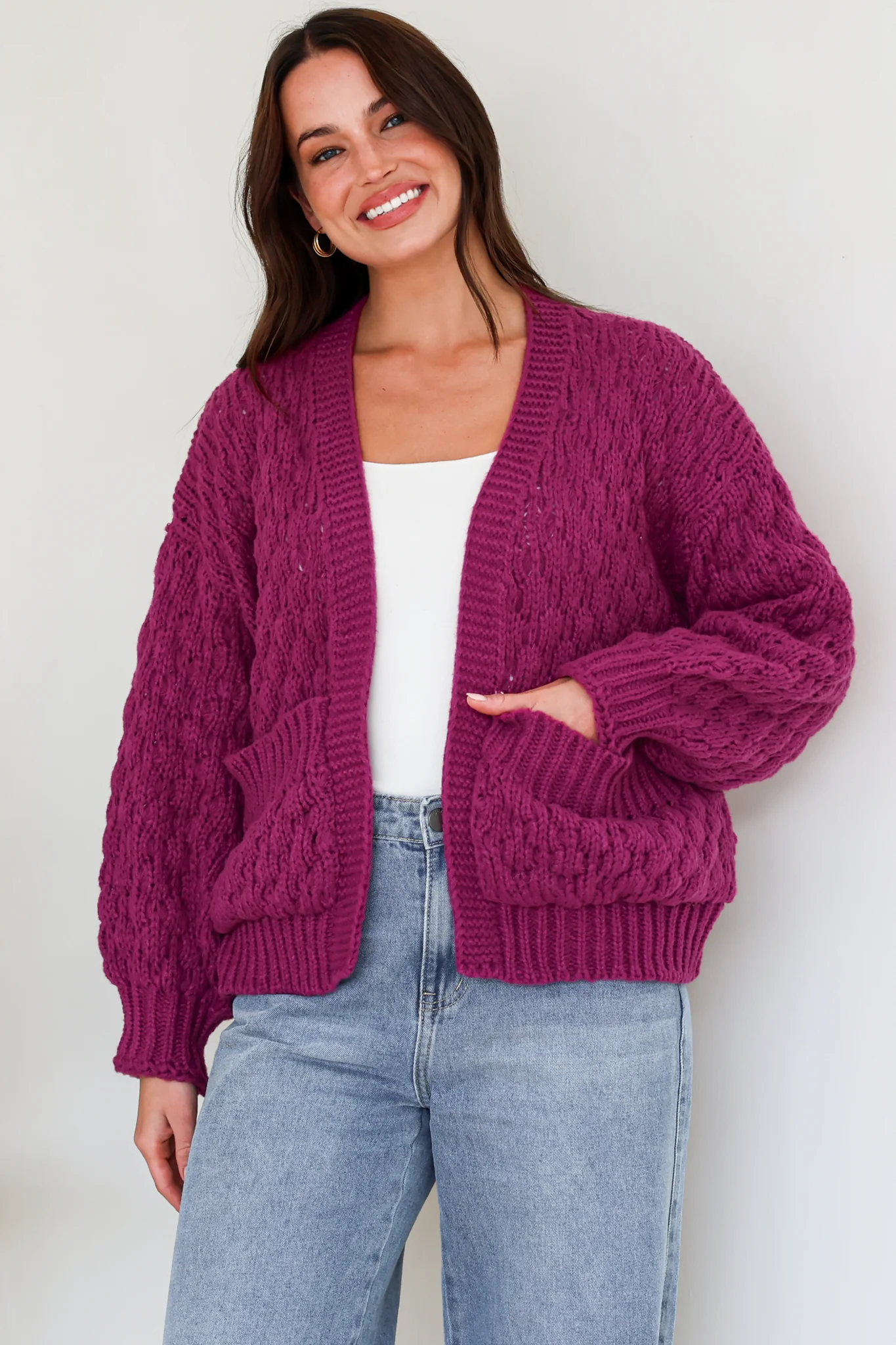 Manny Cardigan - Chunky Open Cropped Cable Knit with Rib Knit Trims and Pockets in Grape