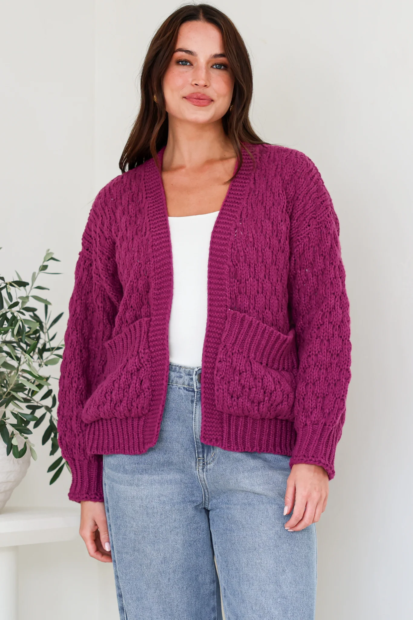 Manny Cardigan - Chunky Open Cropped Cable Knit with Rib Knit Trims and Pockets in Grape - Image 2