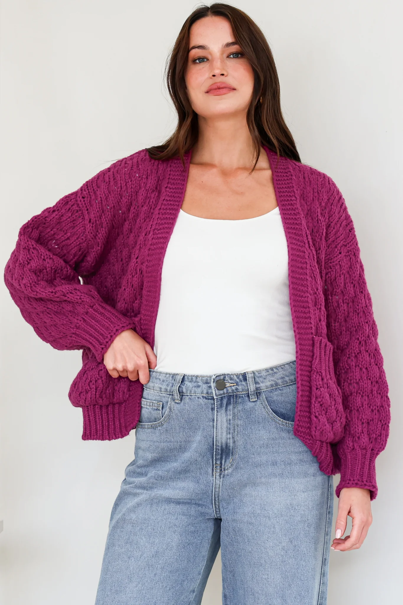 Manny Cardigan - Chunky Open Cropped Cable Knit with Rib Knit Trims and Pockets in Grape - Image 3