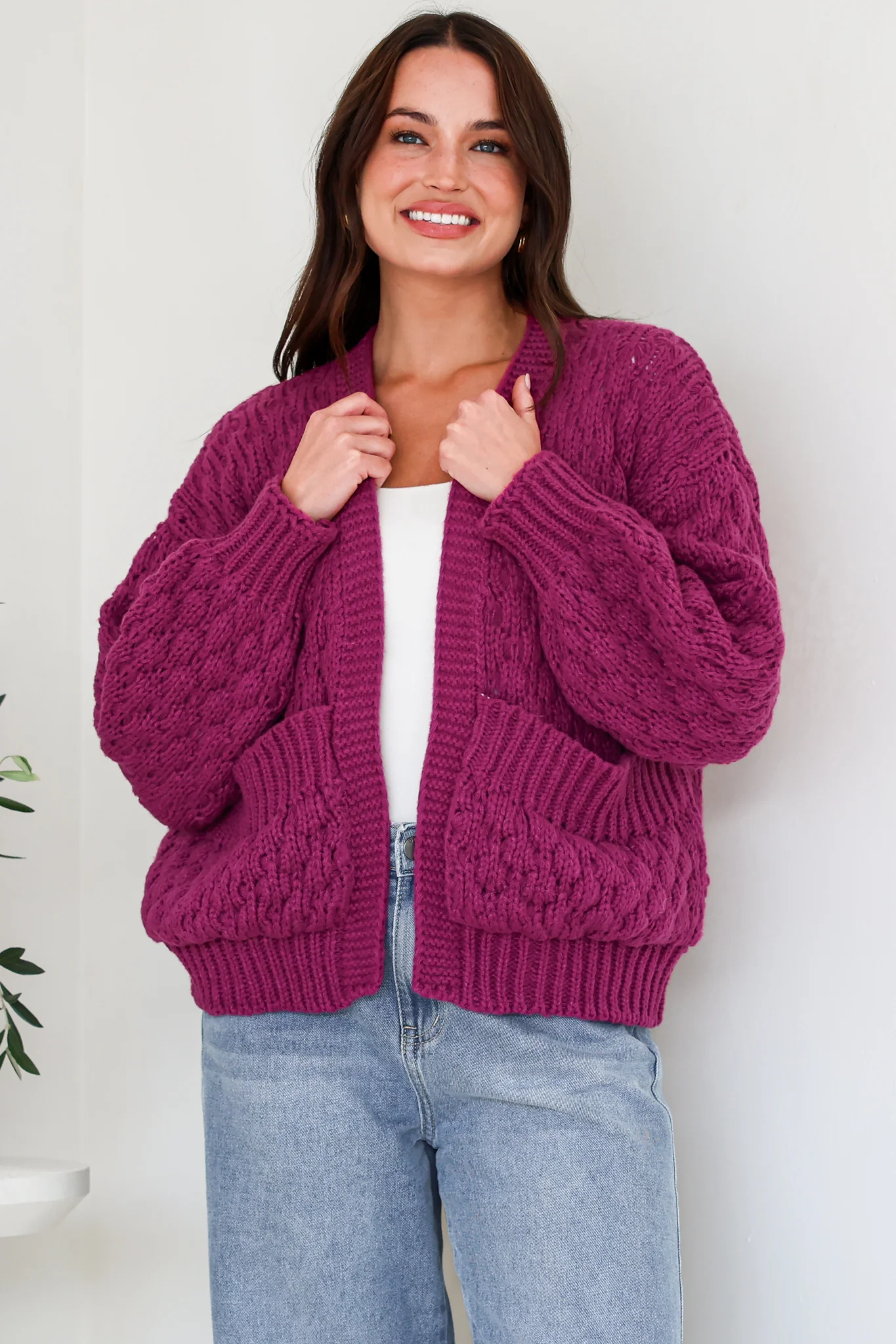 Manny Cardigan - Chunky Open Cropped Cable Knit with Rib Knit Trims and Pockets in Grape - Image 4