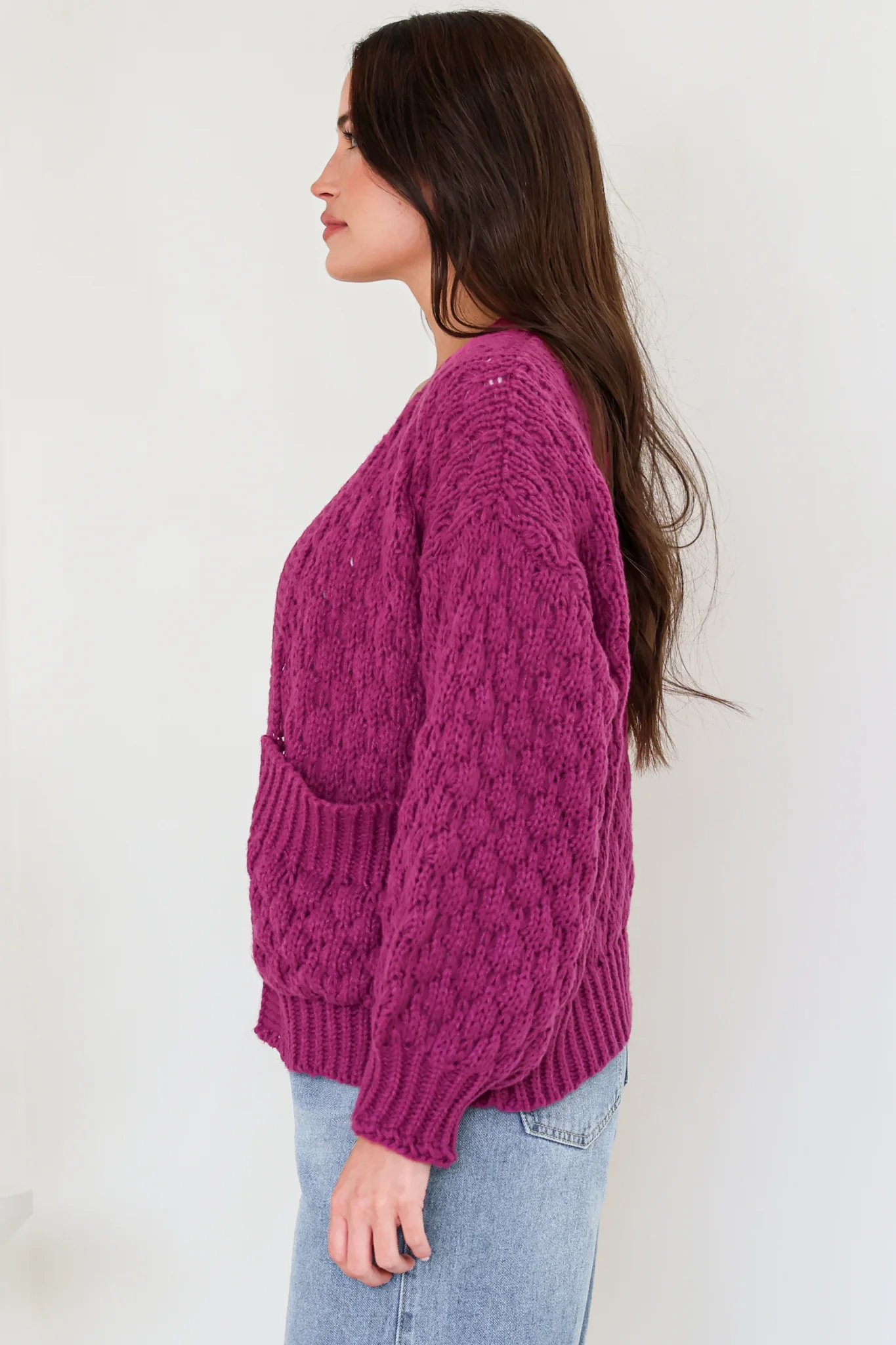 Manny Cardigan - Chunky Open Cropped Cable Knit with Rib Knit Trims and Pockets in Grape - Image 5