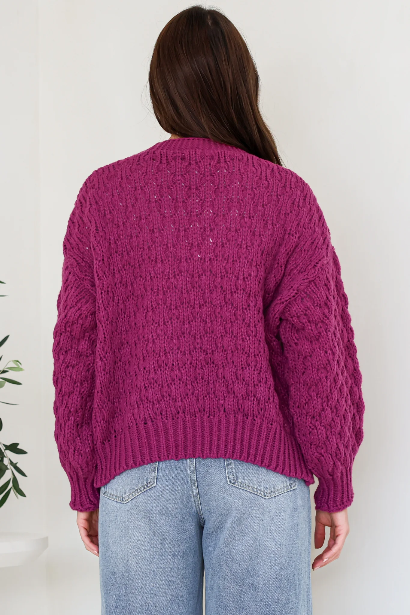 Manny Cardigan - Chunky Open Cropped Cable Knit with Rib Knit Trims and Pockets in Grape - Image 6