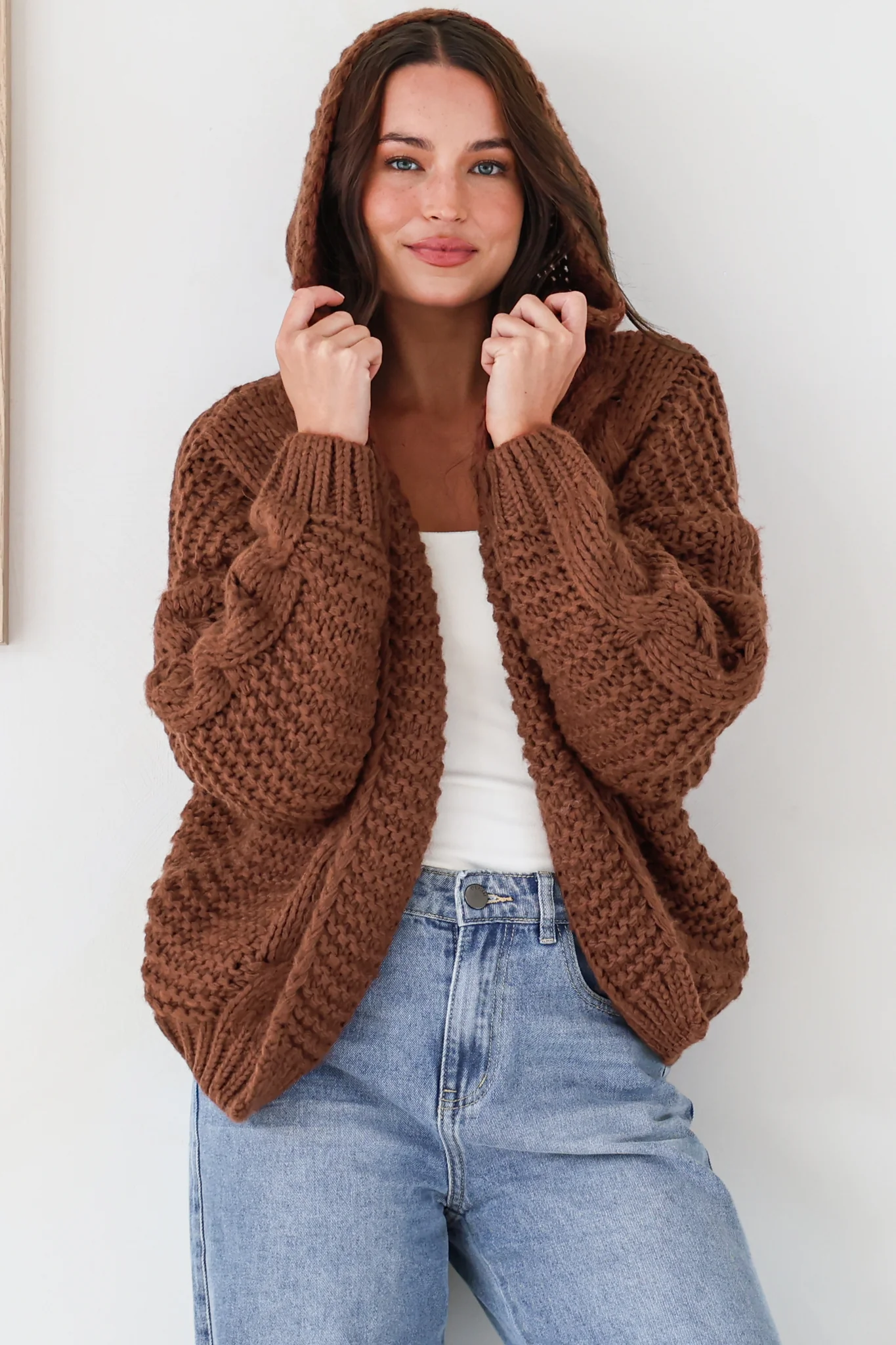 Maple Knit - Chunky Cable Knit Hooded Crop Cardigan in Coffee