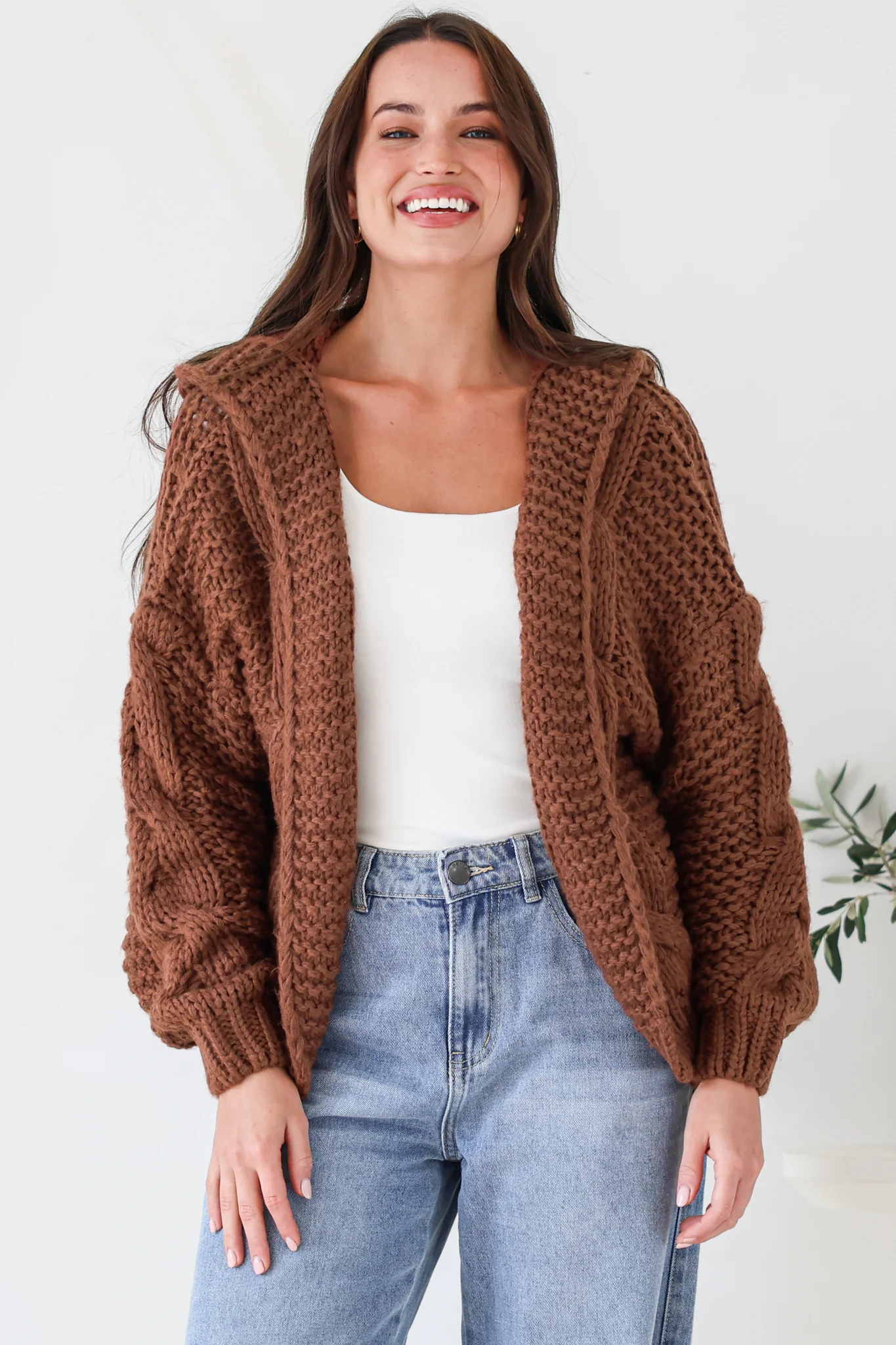 Maple Knit - Chunky Cable Knit Hooded Crop Cardigan in Coffee - Image 2