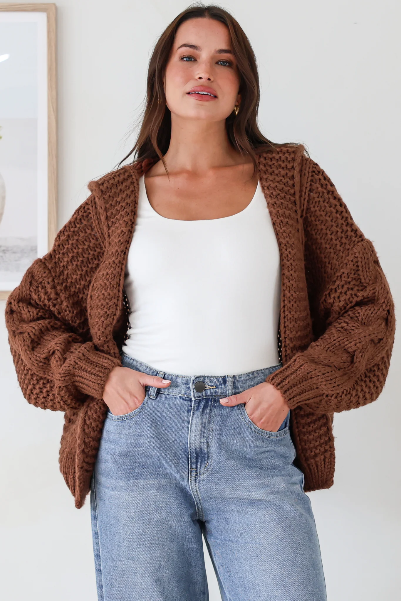 Maple Knit - Chunky Cable Knit Hooded Crop Cardigan in Coffee - Image 3