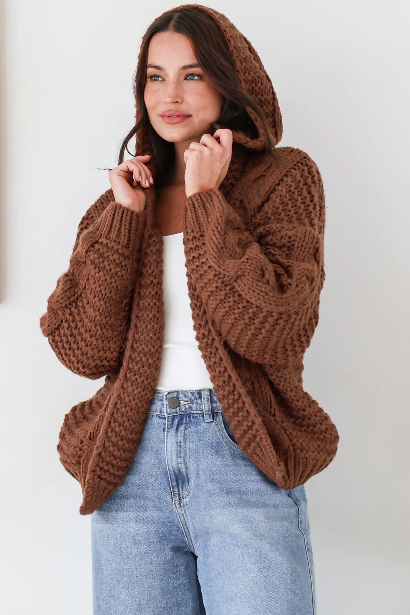 Maple Knit - Chunky Cable Knit Hooded Crop Cardigan in Coffee - Image 4