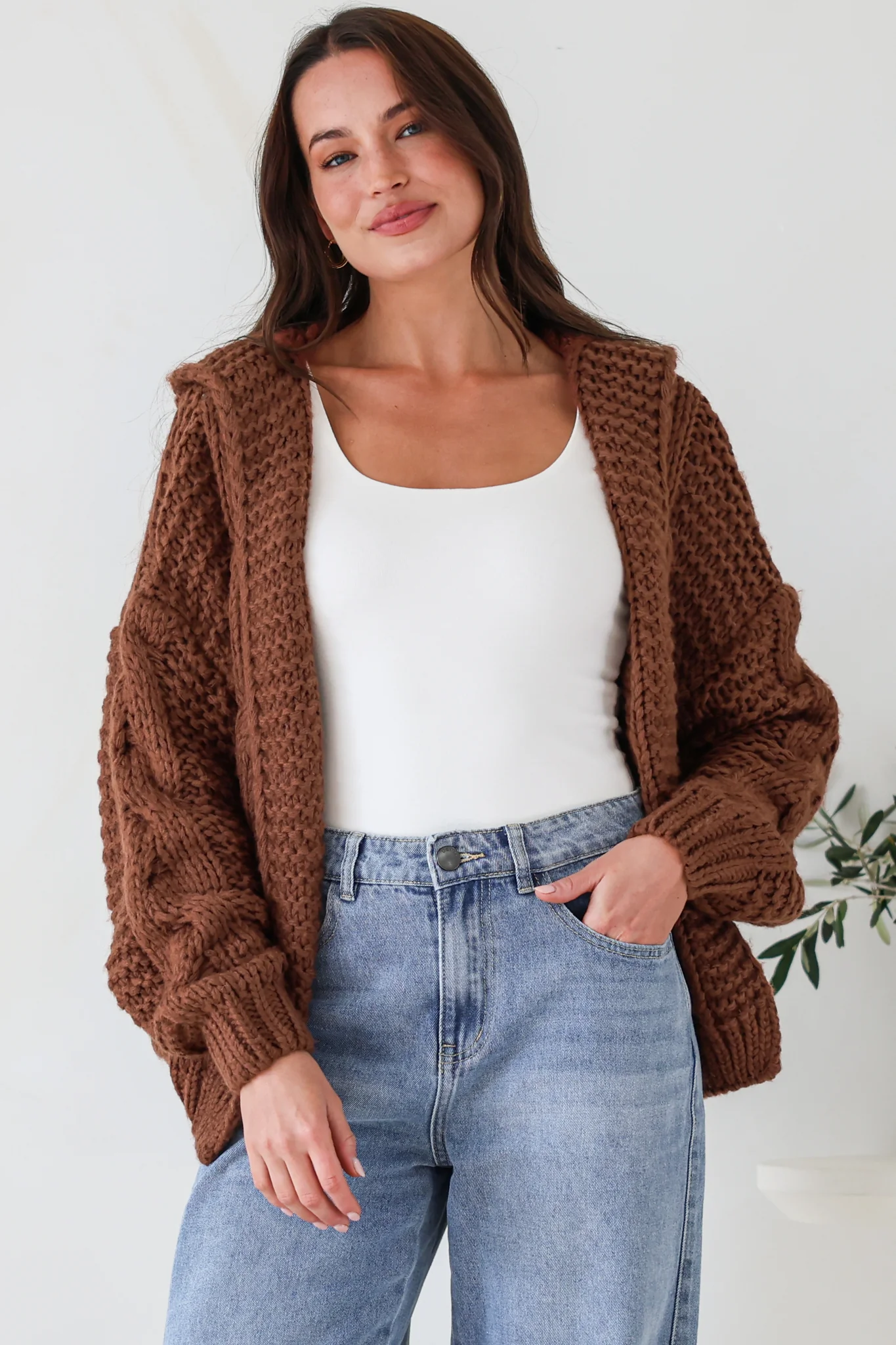 Maple Knit - Chunky Cable Knit Hooded Crop Cardigan in Coffee - Image 5
