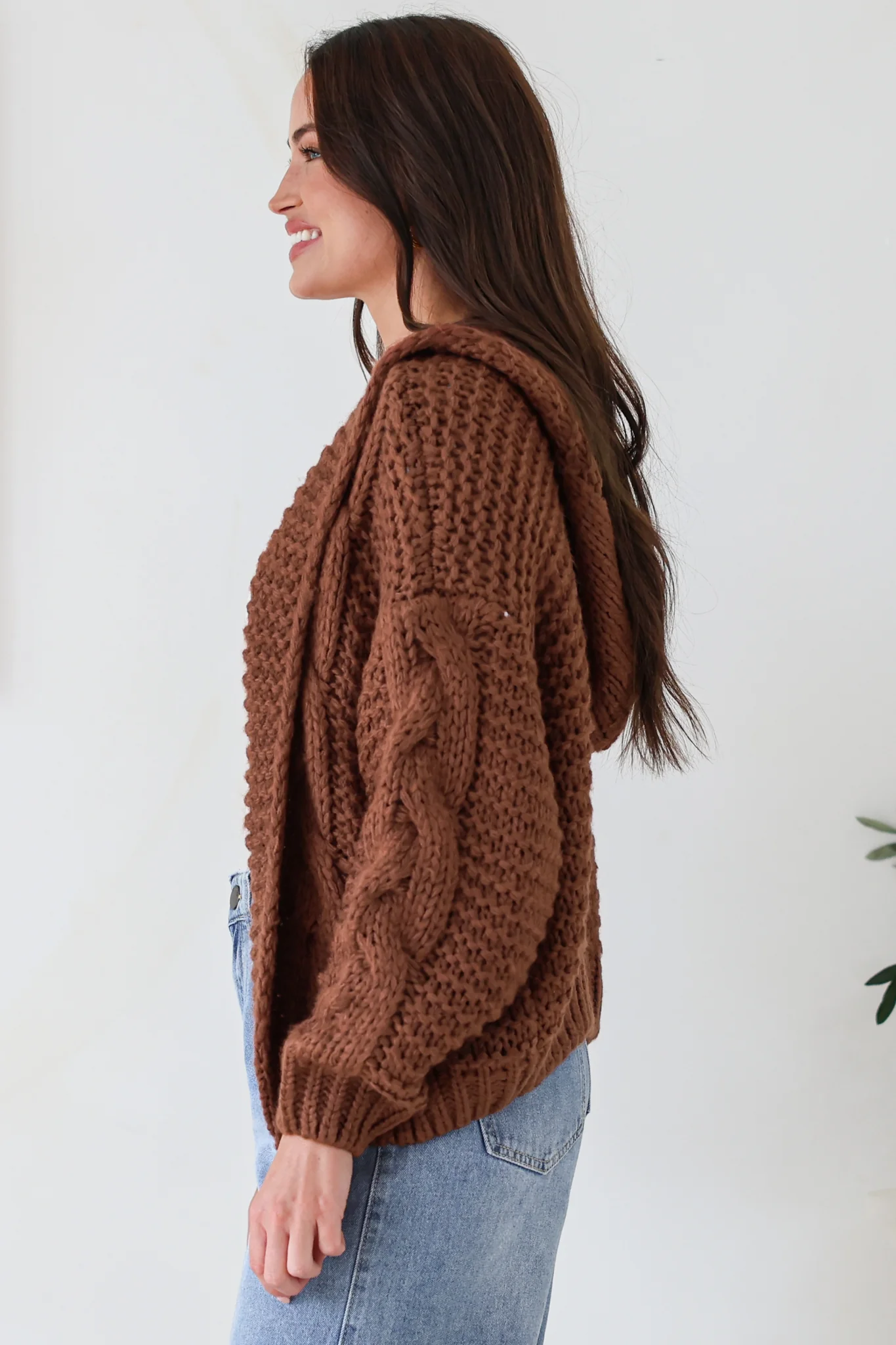 Maple Knit - Chunky Cable Knit Hooded Crop Cardigan in Coffee - Image 6