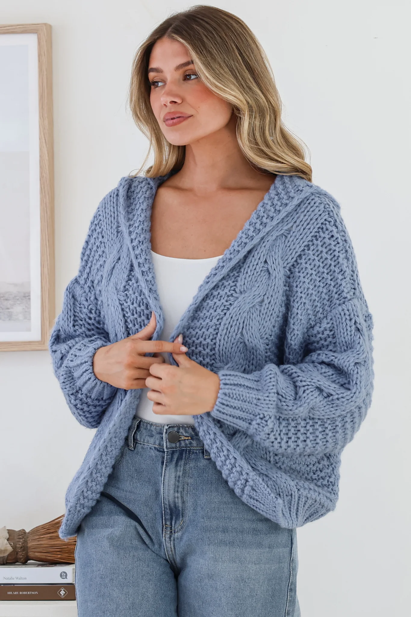 Maple Knit - Chunky Cable Knit Hooded Crop Cardigan in Cornflower Blue - Image 2