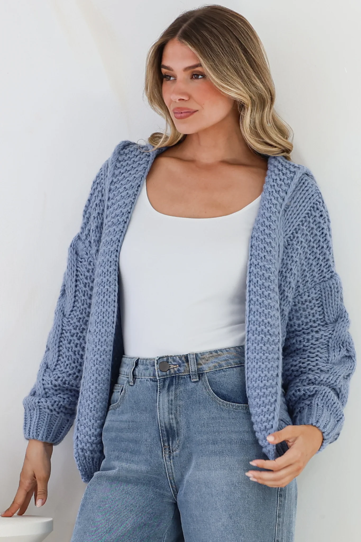Maple Knit - Chunky Cable Knit Hooded Crop Cardigan in Cornflower Blue - Image 5