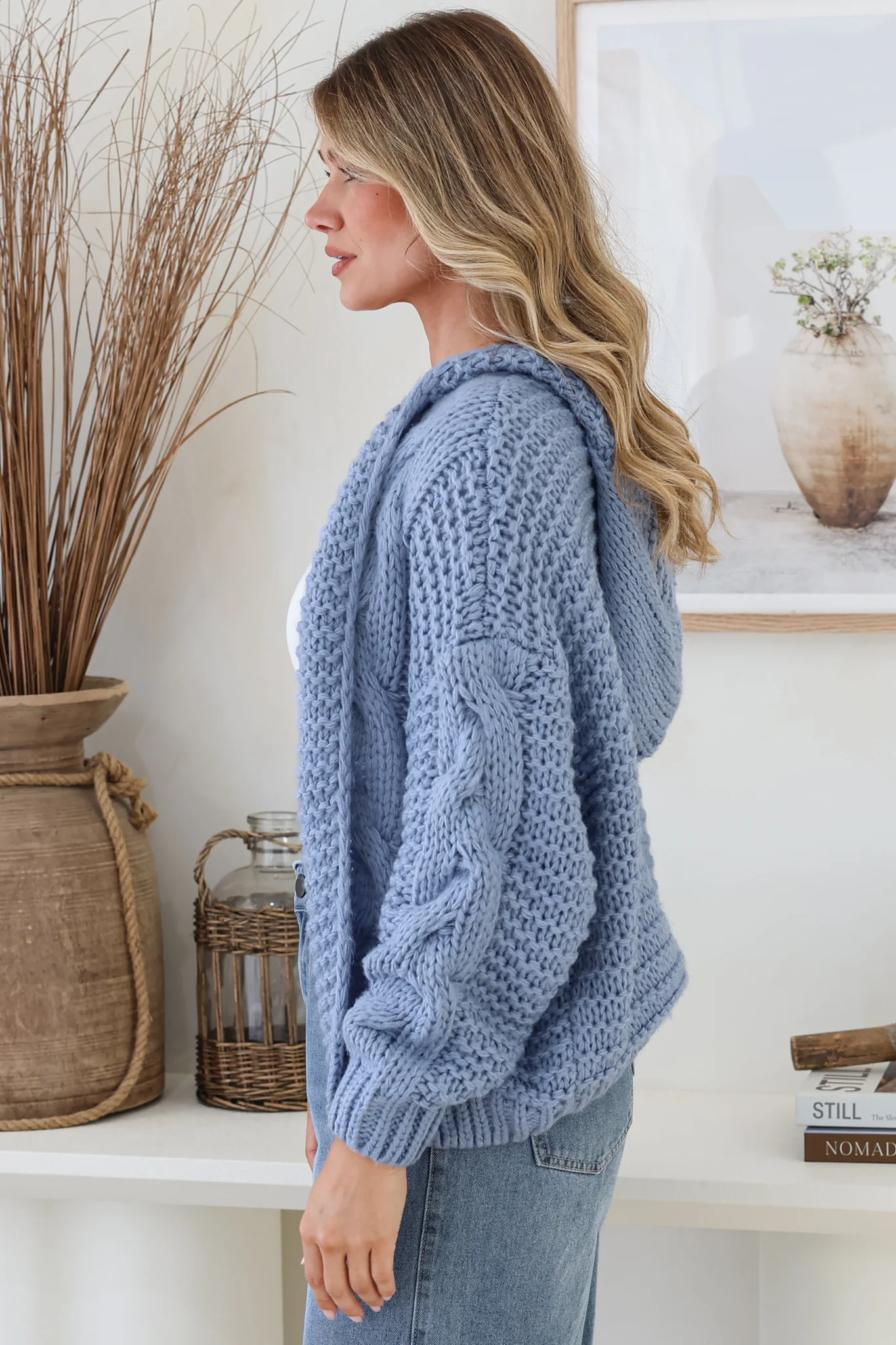 Maple Knit - Chunky Cable Knit Hooded Crop Cardigan in Cornflower Blue - Image 6