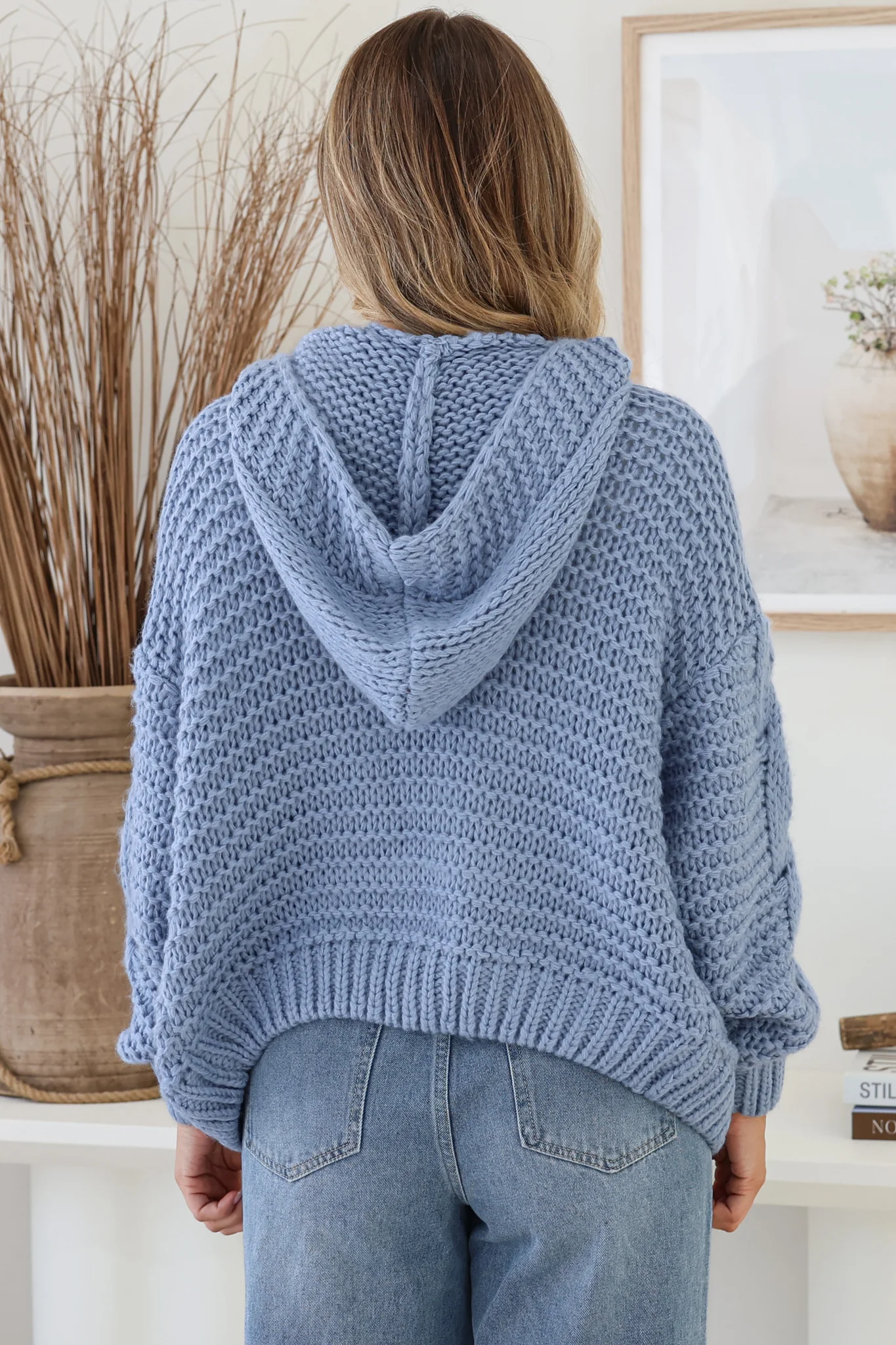 Maple Knit - Chunky Cable Knit Hooded Crop Cardigan in Cornflower Blue - Image 7