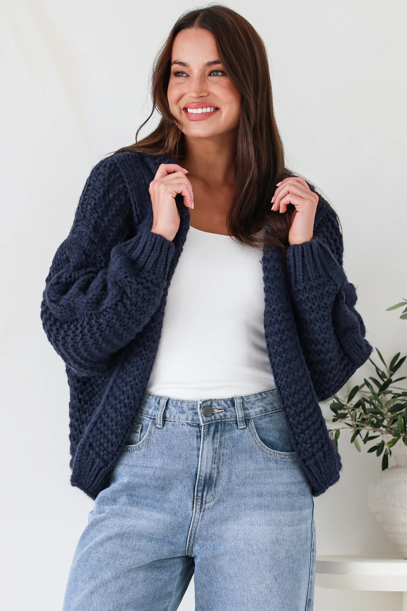 Maple Knit - Chunky Cable Knit Hooded Crop Cardigan in Navy - Image 2