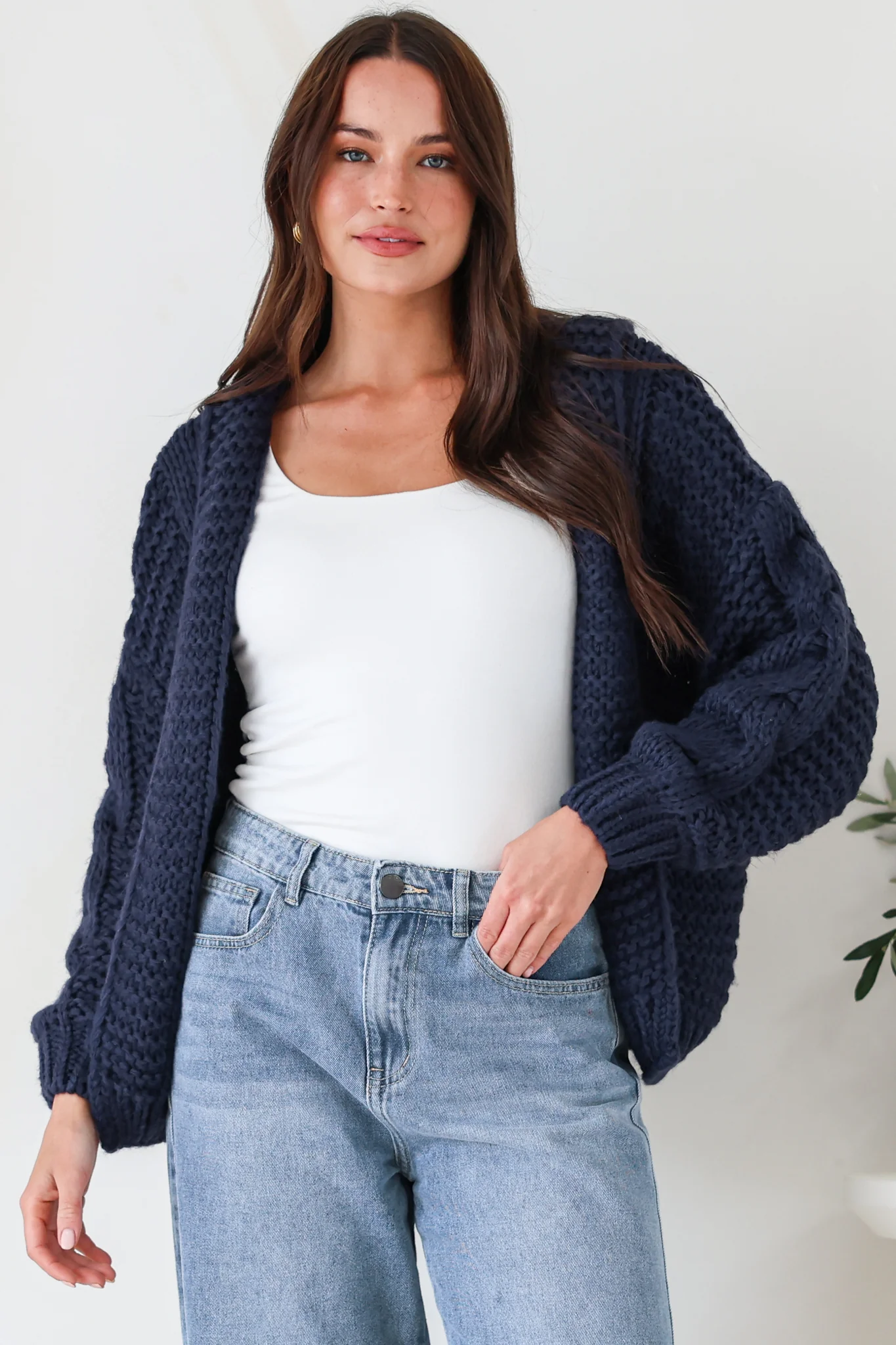 Maple Knit - Chunky Cable Knit Hooded Crop Cardigan in Navy - Image 3