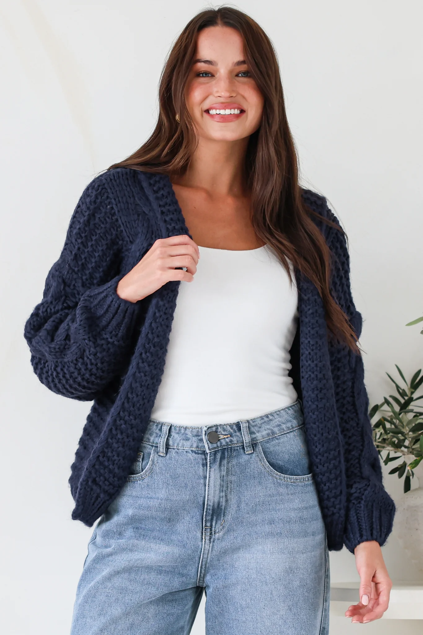Maple Knit - Chunky Cable Knit Hooded Crop Cardigan in Navy - Image 4
