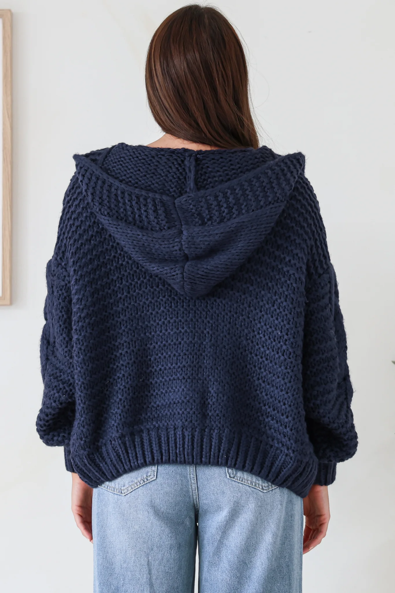 Maple Knit - Chunky Cable Knit Hooded Crop Cardigan in Navy - Image 6