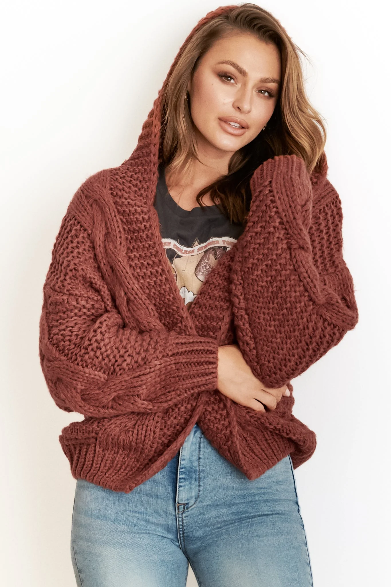 Maple Knit - Chunky Cable Knit Hooded Crop Cardigan in Rust - Image 5