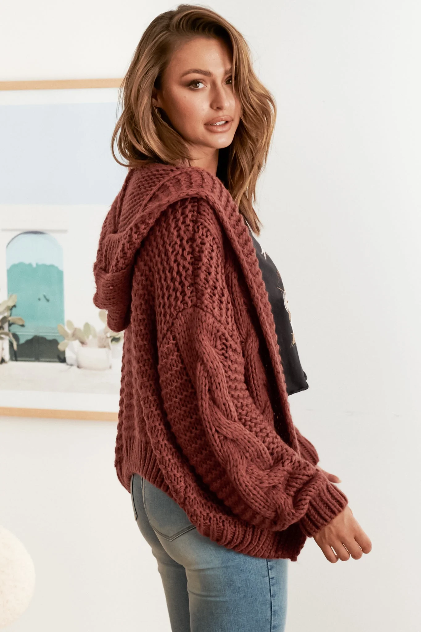 Maple Knit - Chunky Cable Knit Hooded Crop Cardigan in Rust - Image 6